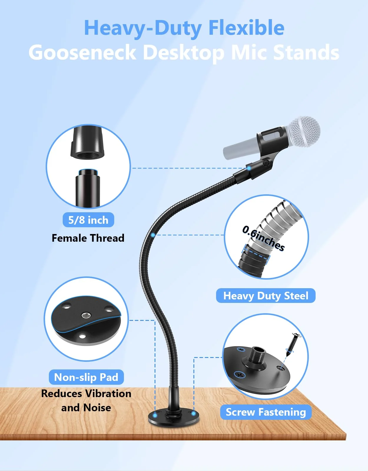 19" Gooseneck Mic Stand with Wall & Desk Flange Mount - Heavy-Duty Adjustable Microphone Arm, Universal Mic Holder & Cable Ties, 5/8 to 3/8 Adapter, Ideal for Podium, Podcasting Studio and Streaming 19-inch + Flange Mount - Image 3