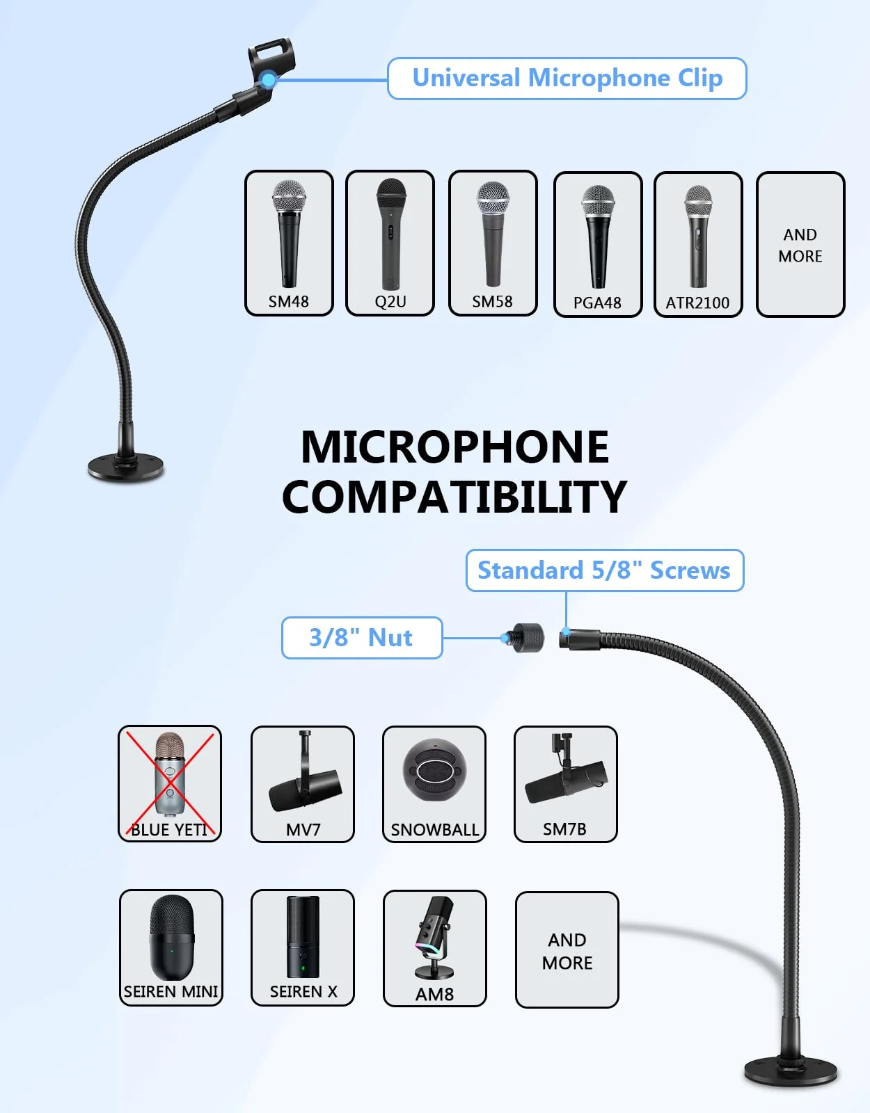19" Gooseneck Mic Stand with Wall & Desk Flange Mount - Heavy-Duty Adjustable Microphone Arm, Universal Mic Holder & Cable Ties, 5/8 to 3/8 Adapter, Ideal for Podium, Podcasting Studio and Streaming 19-inch + Flange Mount - Image 4