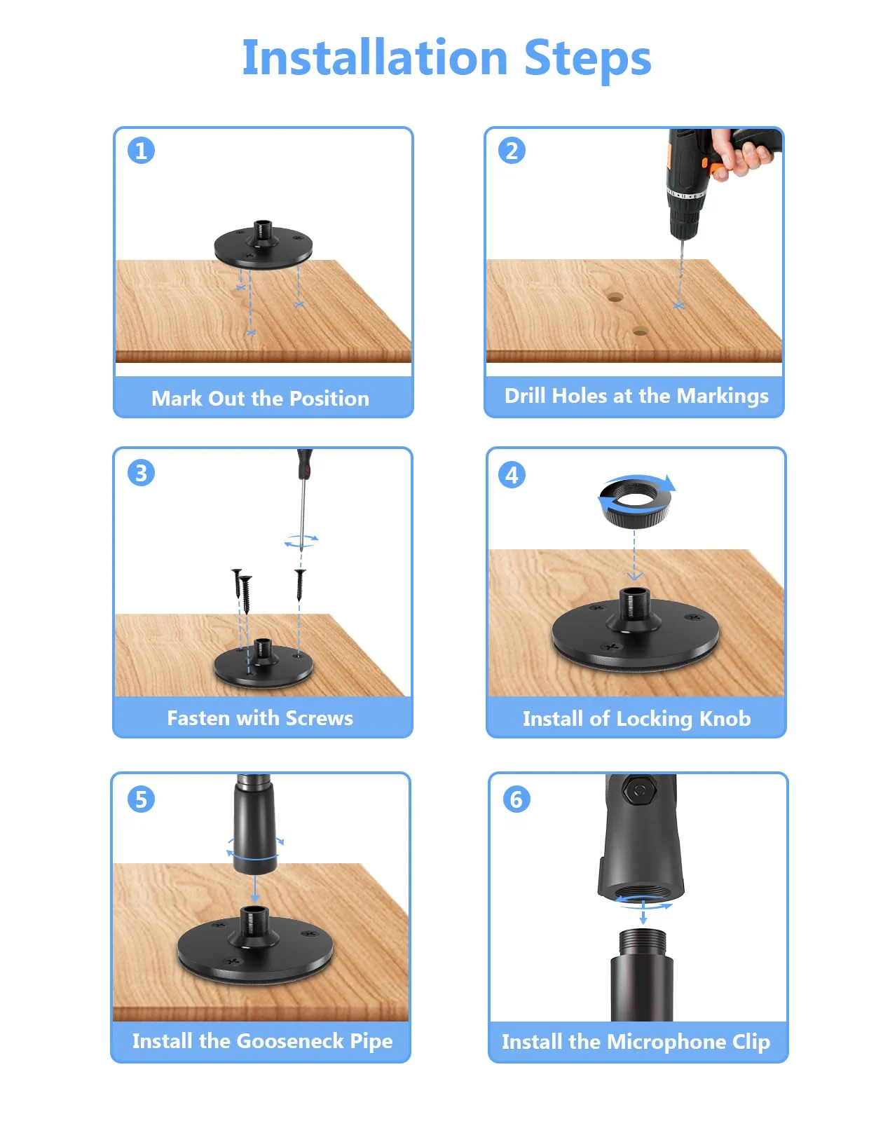 19" Gooseneck Mic Stand with Wall & Desk Flange Mount - Heavy-Duty Adjustable Microphone Arm, Universal Mic Holder & Cable Ties, 5/8 to 3/8 Adapter, Ideal for Podium, Podcasting Studio and Streaming 19-inch + Flange Mount - Image 7