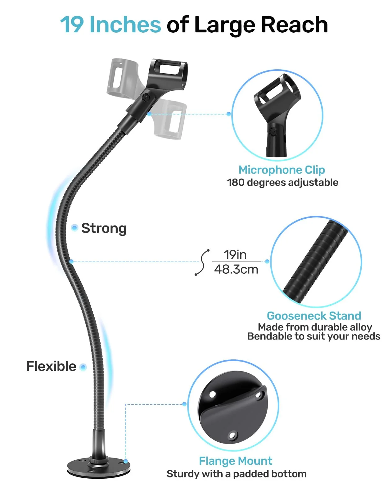 19-inch Gooseneck Microphone Holder Stand, Desktop & Wall Mounted, Heavy Duty Flexible Microphone Arm Stand with Flange Mount Base, Ideal for Podium, Studio, Lecture, Podcast, Gaming, Streaming 19 Inch + Flange Mount - Image 3