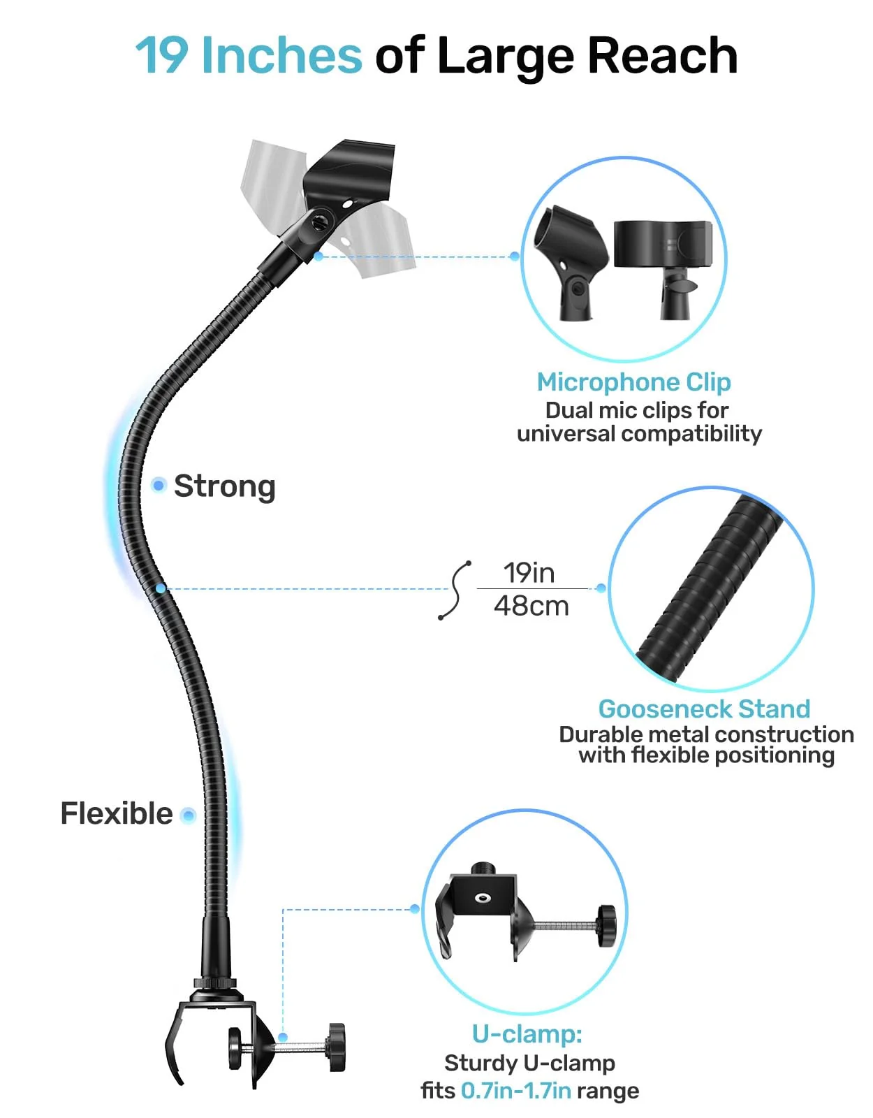 19-inch Gooseneck Microphone Holder Stand, Flexible Mic Arm with Super Crab Clamp for Mic Stand/Desk/Rod/Pole/Stick/Shelf/Tube Clamping, Ideal for Music Stand, Piano, Drum Recording - Image 3