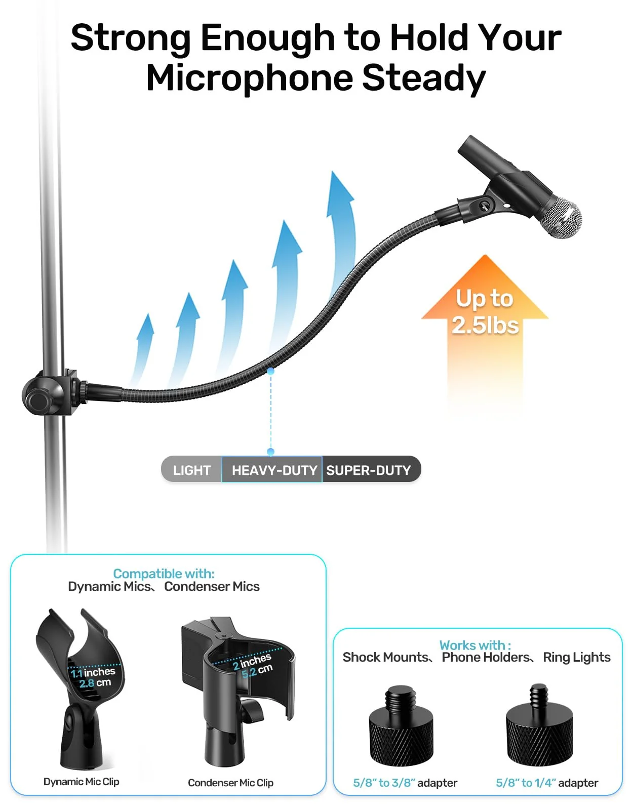19-inch Gooseneck Microphone Holder Stand, Flexible Mic Arm with Super Crab Clamp for Mic Stand/Desk/Rod/Pole/Stick/Shelf/Tube Clamping, Ideal for Music Stand, Piano, Drum Recording - Image 4
