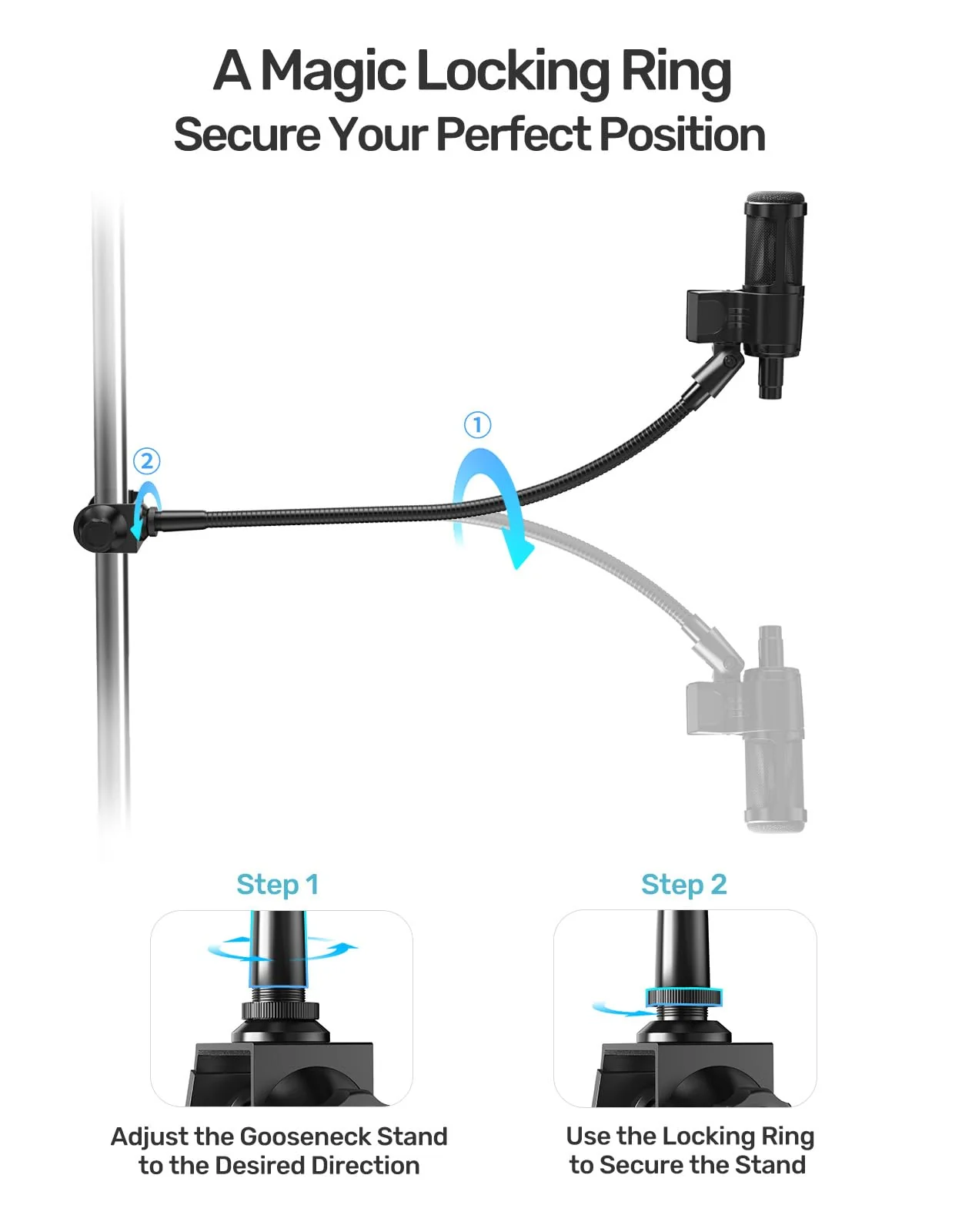 19-inch Gooseneck Microphone Holder Stand, Flexible Mic Arm with Super Crab Clamp for Mic Stand/Desk/Rod/Pole/Stick/Shelf/Tube Clamping, Ideal for Music Stand, Piano, Drum Recording - Image 8