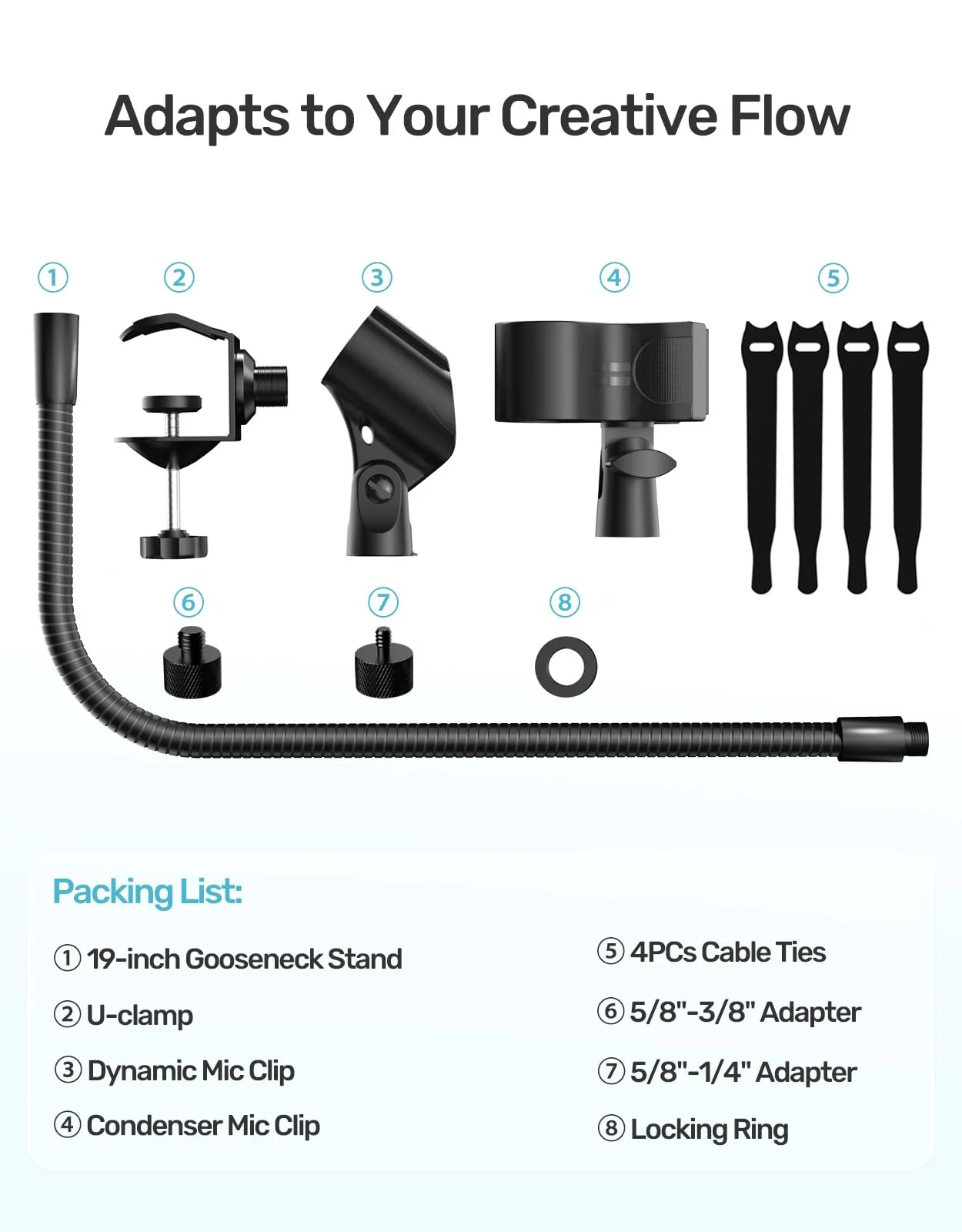19-inch Gooseneck Microphone Holder Stand, Flexible Mic Arm with Super Crab Clamp for Mic Stand/Desk/Rod/Pole/Stick/Shelf/Tube Clamping, Ideal for Music Stand, Piano, Drum Recording - Image 9