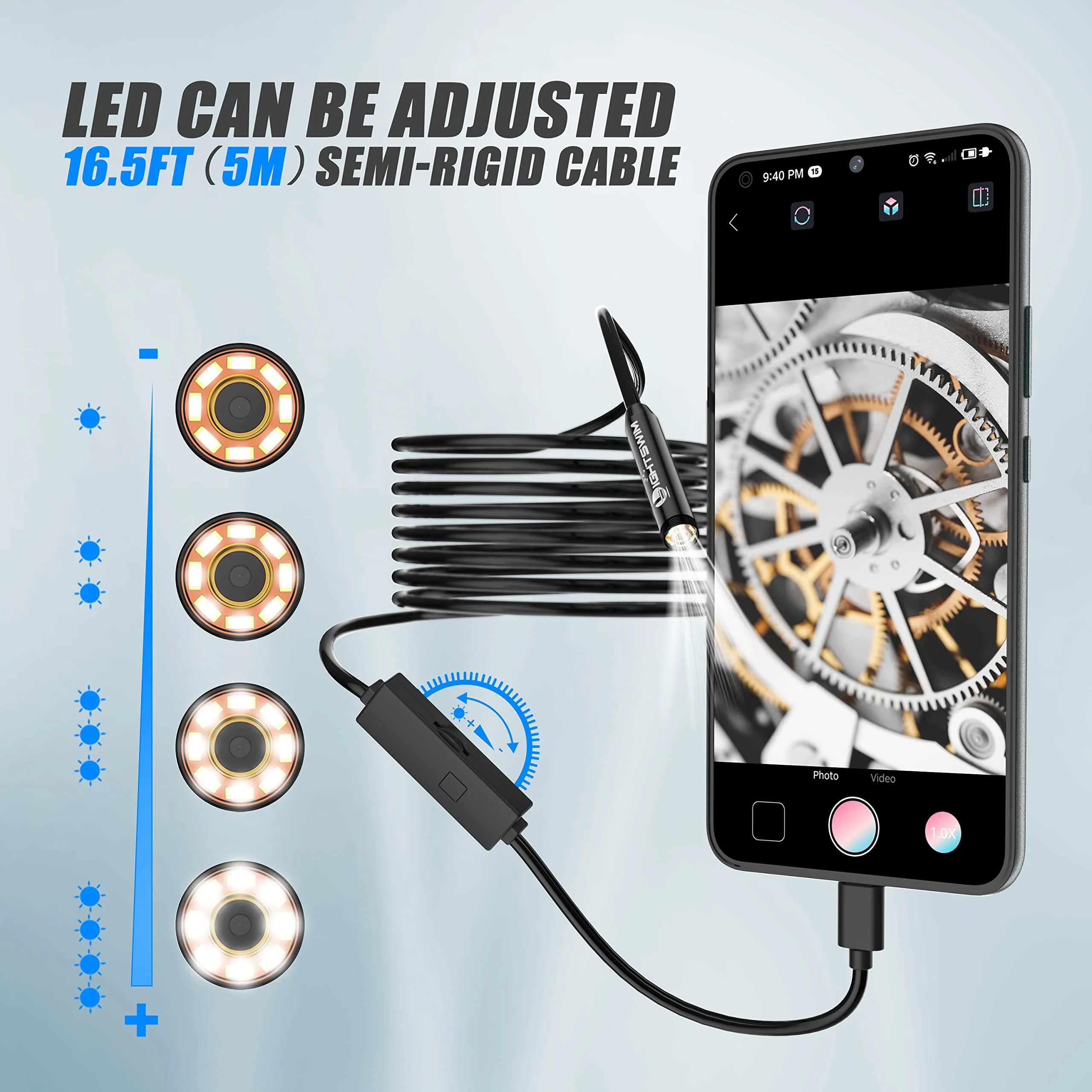 1920P Endoscope Snake Inspection Camera, Lightswim Type C Borescope, Scope Camera with 8 LED Lights for Android and iOS Smartphone, iPhone, iPad, Samsung (16.5 FT/5M) TENG-W400-ONE - Image 6