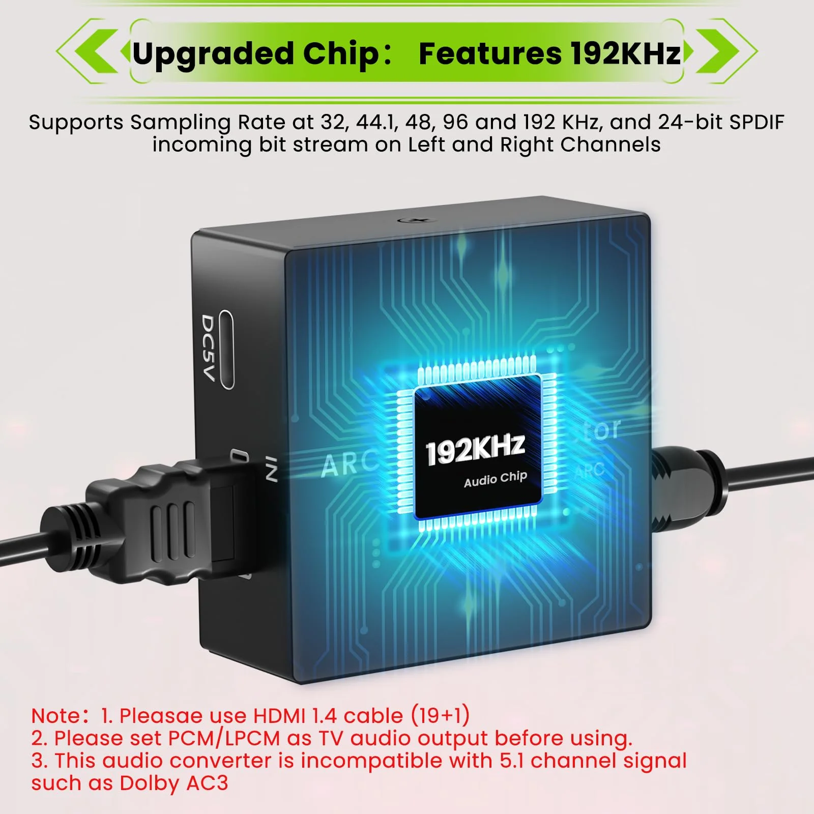 192KHz ARC Audio Extractor, HDMI ARC to Optical Converter, ARC to Optical/Toslink+3.5mm AUX Output, ARC to RCA Audio Converter for TV Amplifier Speaker/Soundbar/Headset - Image 4
