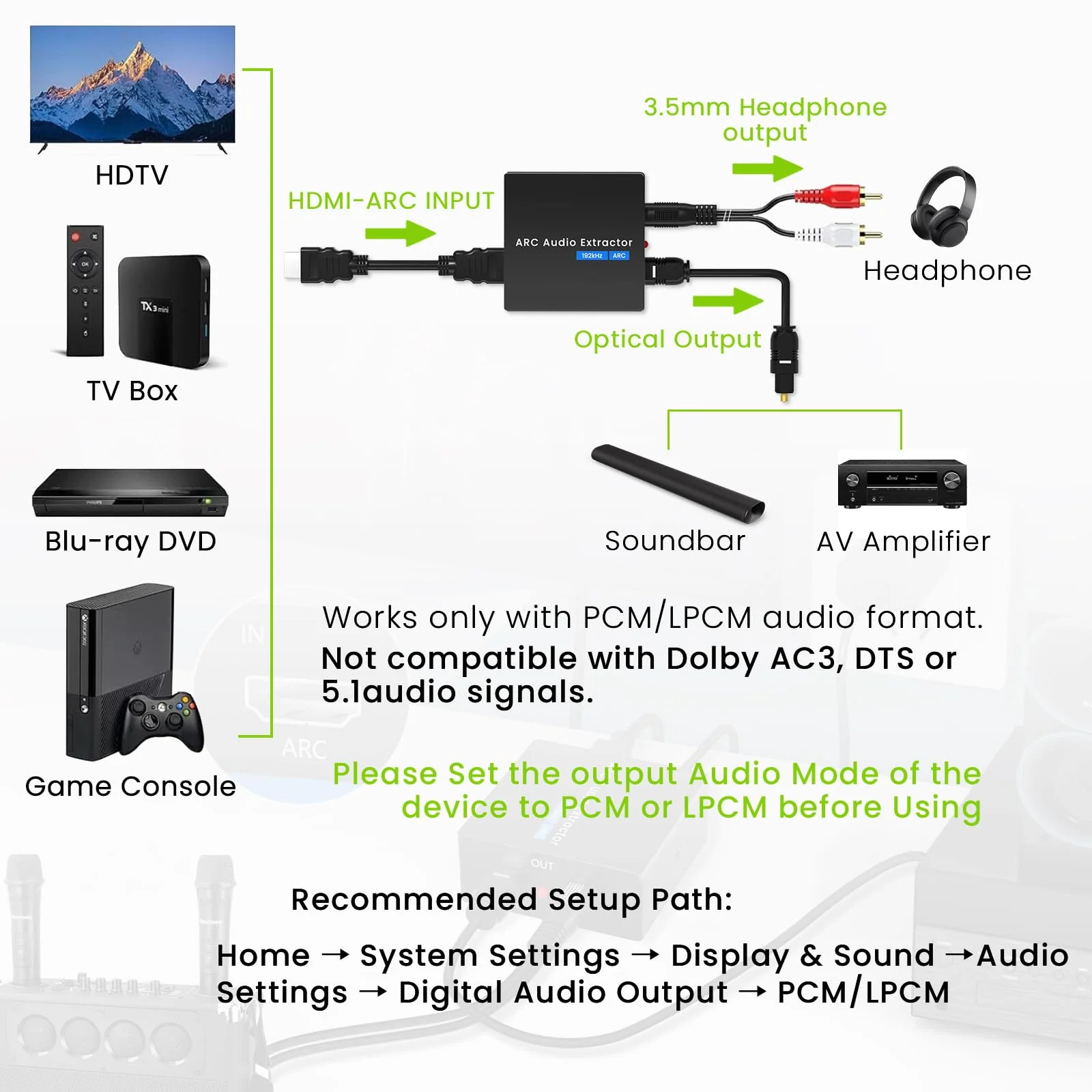 192KHz ARC Audio Extractor, HDMI ARC to Optical Converter, ARC to Optical/Toslink+3.5mm AUX Output, ARC to RCA Audio Converter for TV Amplifier Speaker/Soundbar/Headset - Image 6