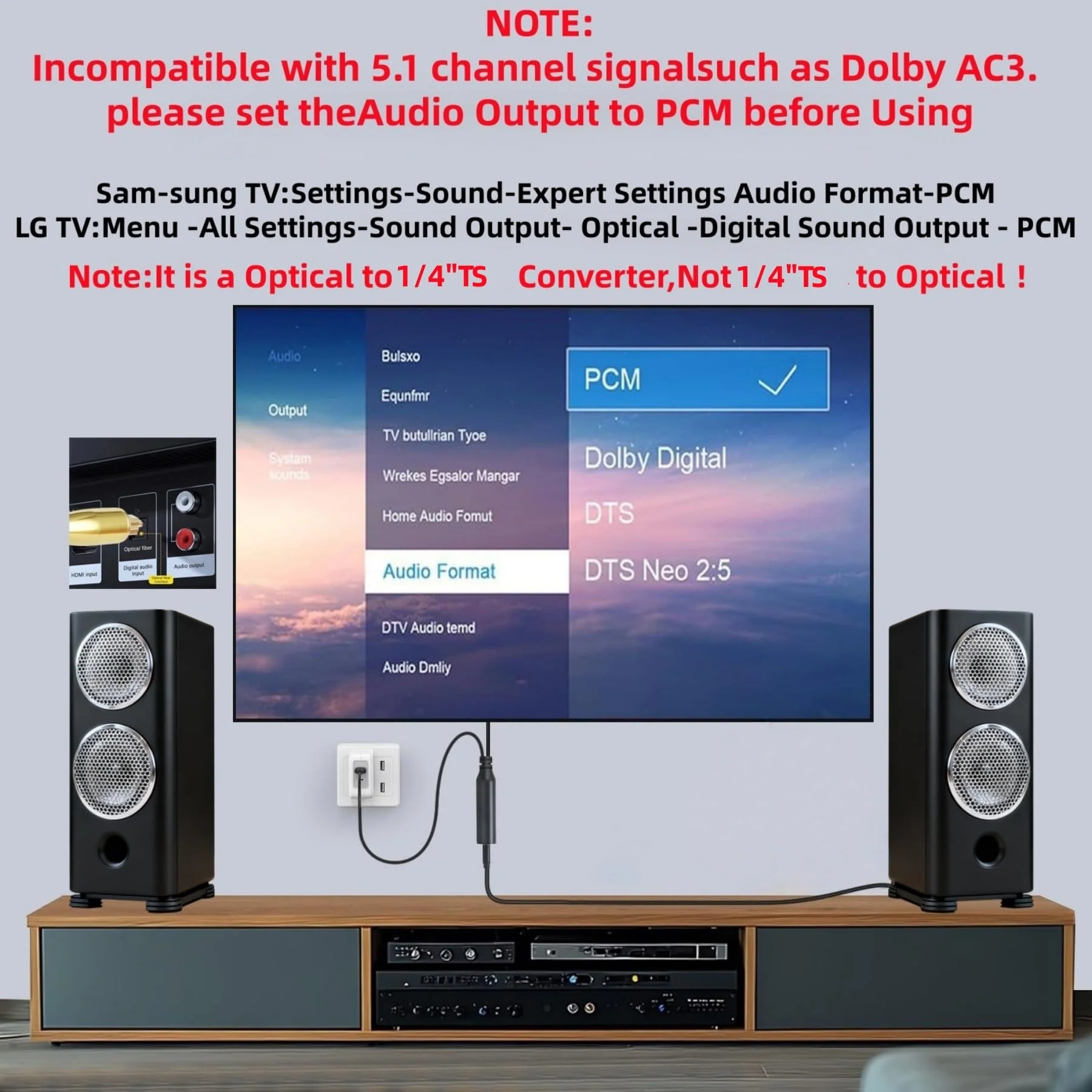 192KHz DAC Optical to Dual 1/4" TS Converter,Optical Audio Cable to Dual 6.35mm AUX Converter for HDTV DVD Set-top Boxes Out to Speaker Audio Mixer(Unidirectional O-ptical to 6.35mm) 3.3FT - Image 4