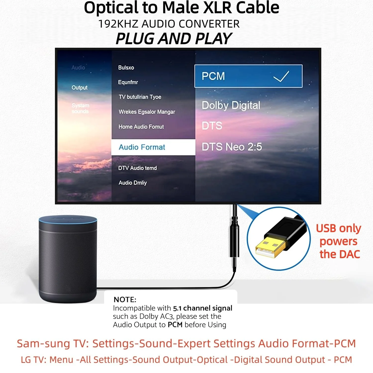 192KHz DAC Optical to XLR Converter,Optical Audio Cable to Unbalanced Male XLR Audio Cord Adapter,Digital to Analog Audio Converter for HDTV,DVD,Set-top Boxes(O-ptical to XL R Only) Cable -3.3FT 3.3FT 1 - Image 4