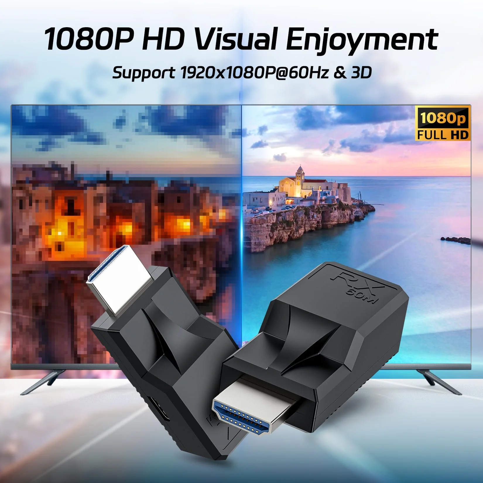 196FT HDMI Extender Over Single Ethernet Cat5e/6 Cable, Support Audio Video UHD 1080P@60Hz, HDMI Male to Male RJ45 Network LAN Extender 60M Converter Repeater, for HDTV, PC, PS3/4, Projector, Monitor 60M Extender Adapter - Image 3