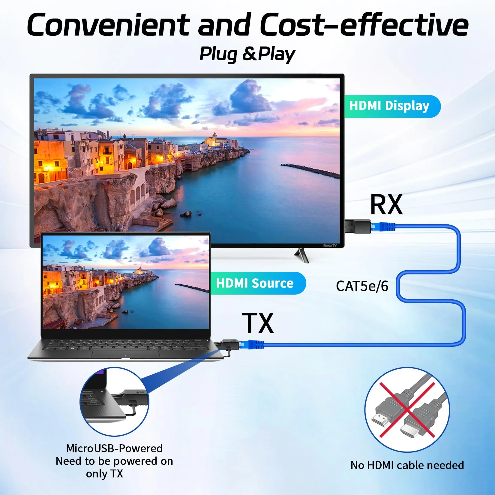 196FT HDMI Extender Over Single Ethernet Cat5e/6 Cable, Support Audio Video UHD 1080P@60Hz, HDMI Male to Male RJ45 Network LAN Extender 60M Converter Repeater, for HDTV, PC, PS3/4, Projector, Monitor 60M Extender Adapter - Image 4
