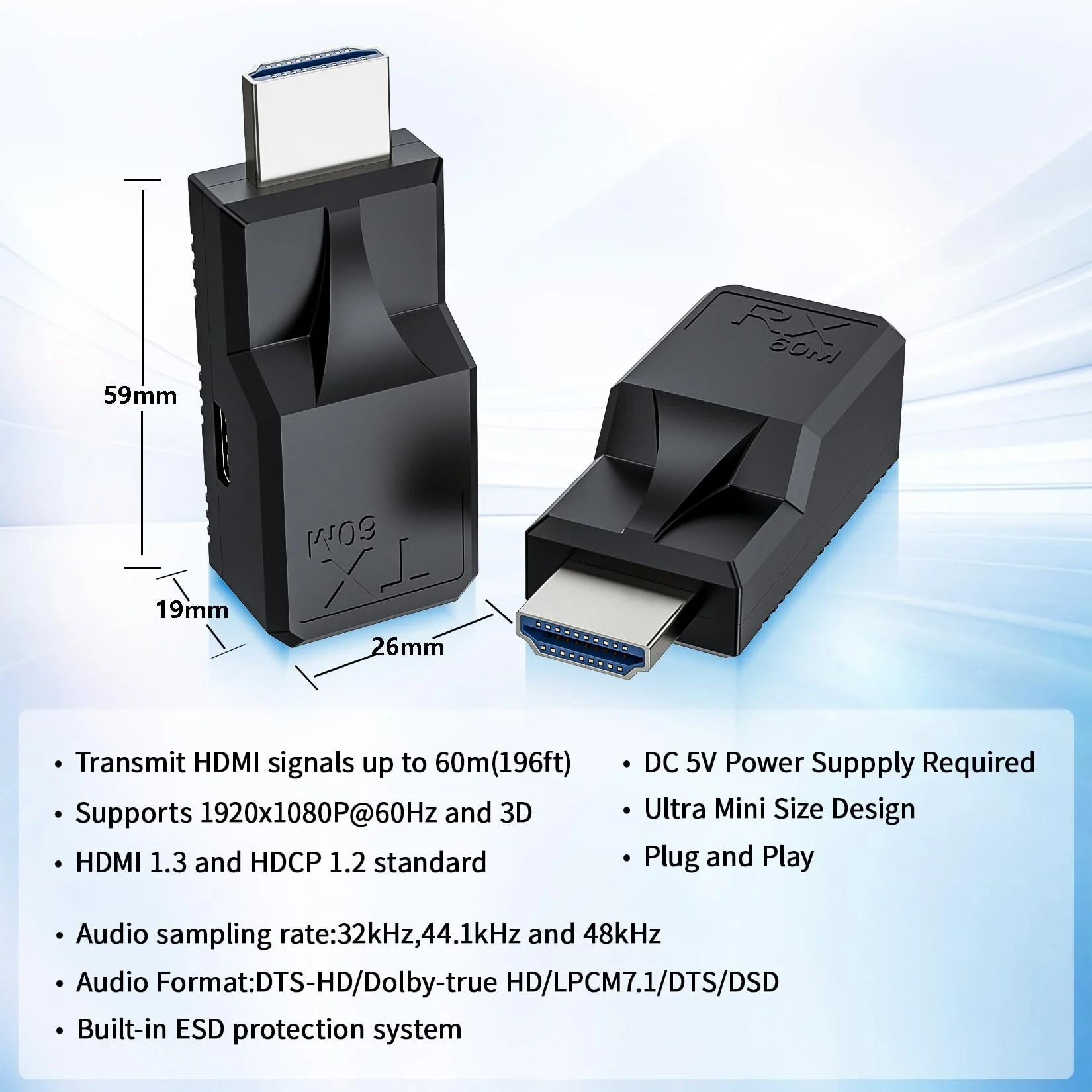 196FT HDMI Extender Over Single Ethernet Cat5e/6 Cable, Support Audio Video UHD 1080P@60Hz, HDMI Male to Male RJ45 Network LAN Extender 60M Converter Repeater, for HDTV, PC, PS3/4, Projector, Monitor 60M Extender Adapter - Image 5