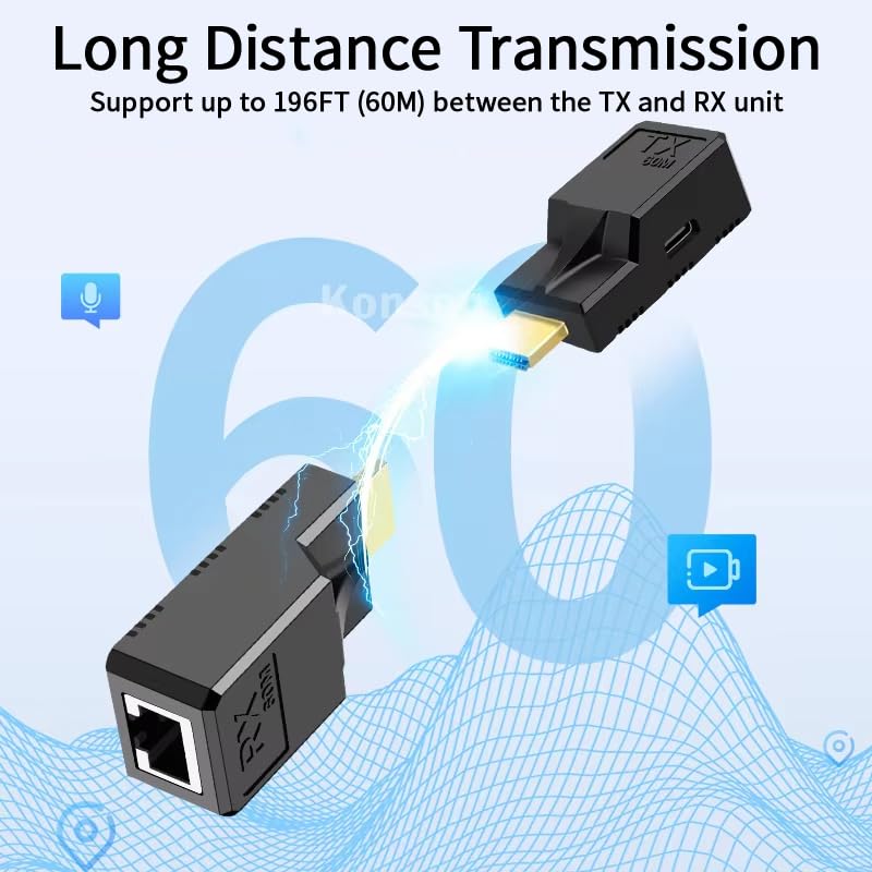 196FT HDMI Extender Over Single Ethernet Cat5e/6 Cable, Support Audio Video UHD 1080P@60Hz, HDMI Male to Male RJ45 Network LAN Extender 60M Converter Repeater, for HDTV, PC, PS3/4, Projector, Monitor 60M Extender Adapter - Image 6