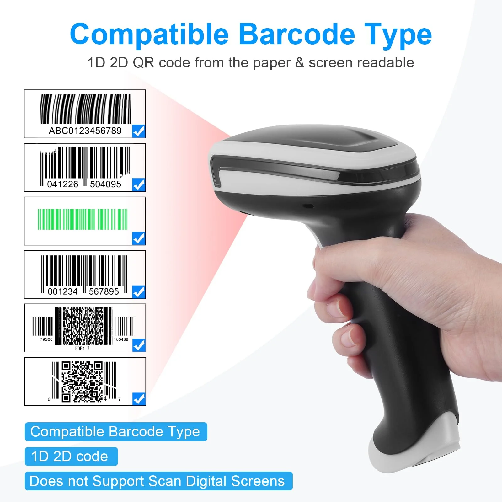 1D 2D Barcode Scanner, Handheld Barcode Reader Bluetooth Wireless QR Code Scanner Bar Code Scanners with Stand 3-1 Bluetooth & 2.4G Wireless & USB Wired Connection &PDF417 Data Matrix Automatic - Image 2