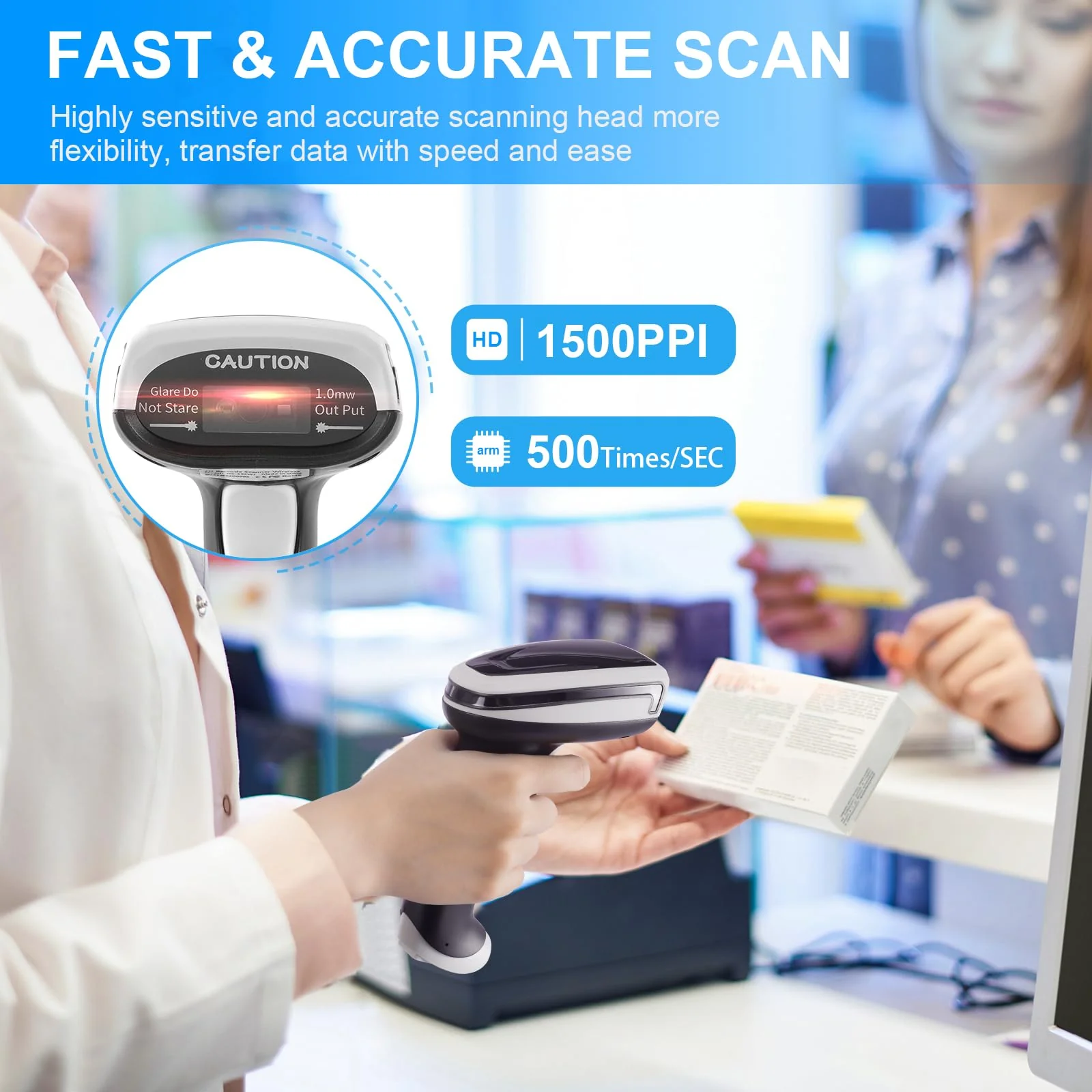 1D 2D Barcode Scanner, Handheld Barcode Reader Bluetooth Wireless QR Code Scanner Bar Code Scanners with Stand 3-1 Bluetooth & 2.4G Wireless & USB Wired Connection &PDF417 Data Matrix Automatic - Image 4