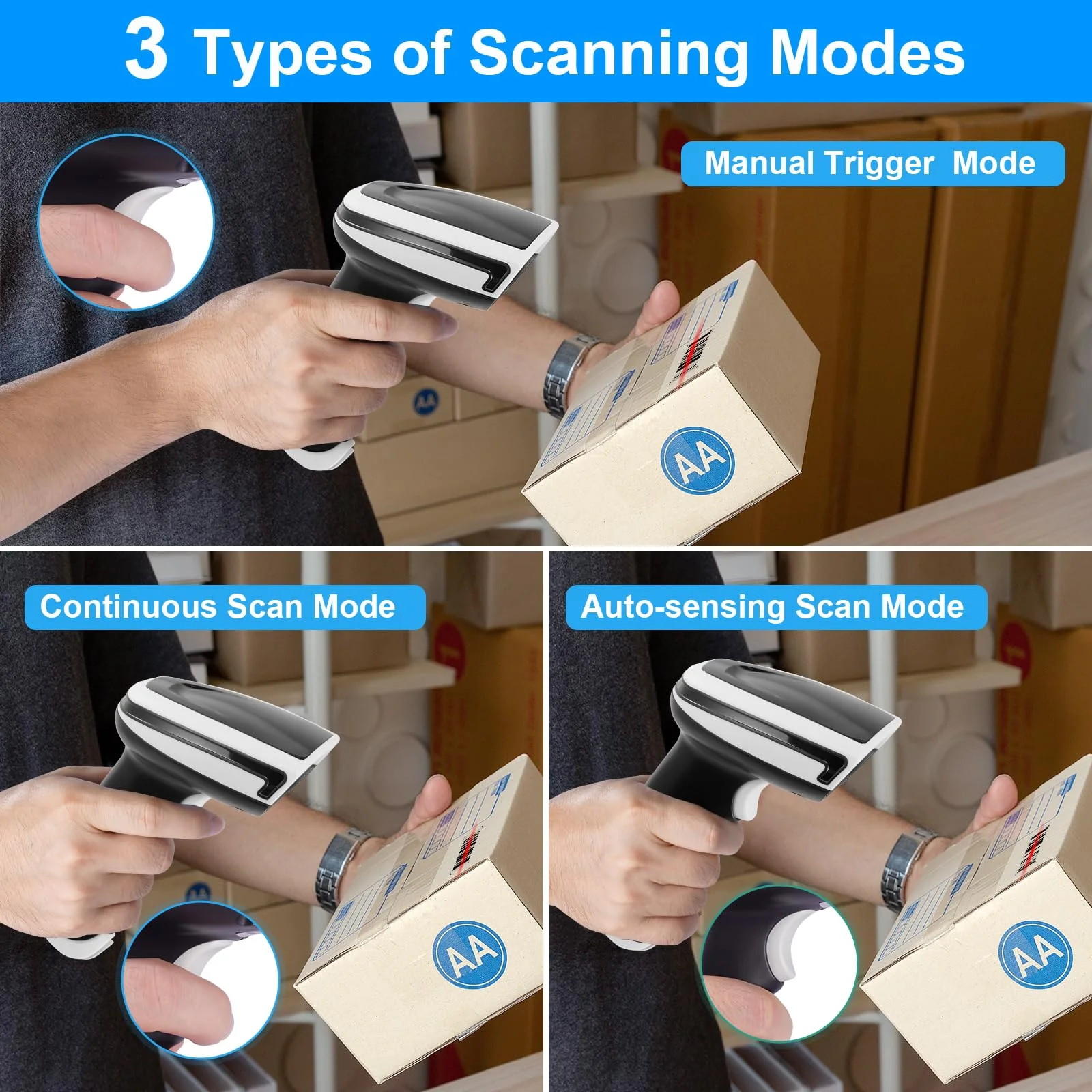1D 2D Barcode Scanner, Handheld Barcode Reader Bluetooth Wireless QR Code Scanner Bar Code Scanners with Stand 3-1 Bluetooth & 2.4G Wireless & USB Wired Connection &PDF417 Data Matrix Automatic - Image 5