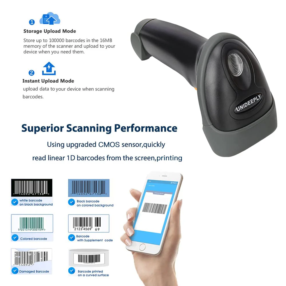 1D CCD 2.4G Wireless Bar Code Scanner Versatile 2 in 1 (Wireless+USB Wired), UNIDEEPLY Automatic Barcode Reader Scanner 196 Feet Indoor Transmission Distance, Scanning Gun for PC Computers, Black - Image 3