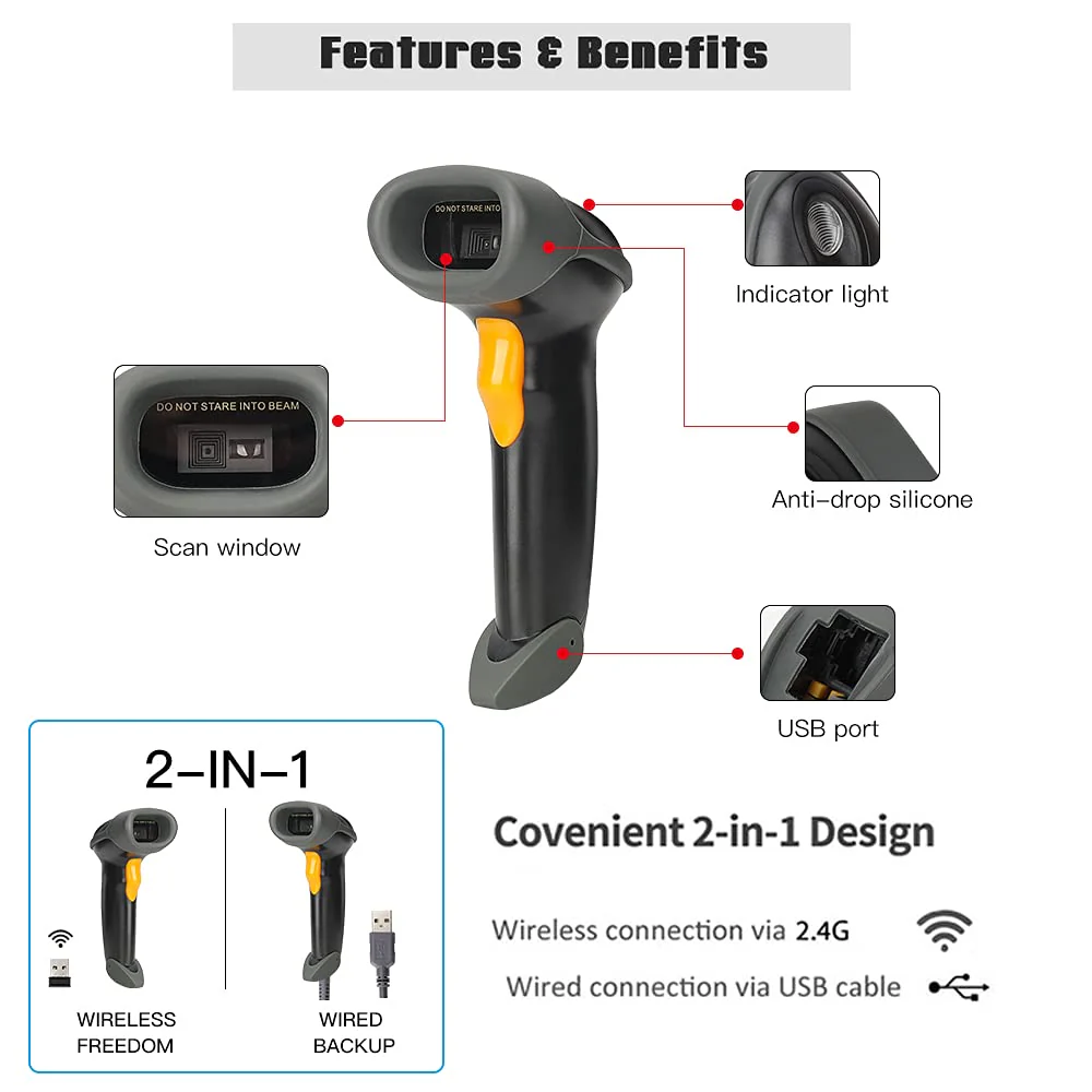 1D CCD 2.4G Wireless Bar Code Scanner Versatile 2 in 1 (Wireless+USB Wired), UNIDEEPLY Automatic Barcode Reader Scanner 196 Feet Indoor Transmission Distance, Scanning Gun for PC Computers, Black - Image 5