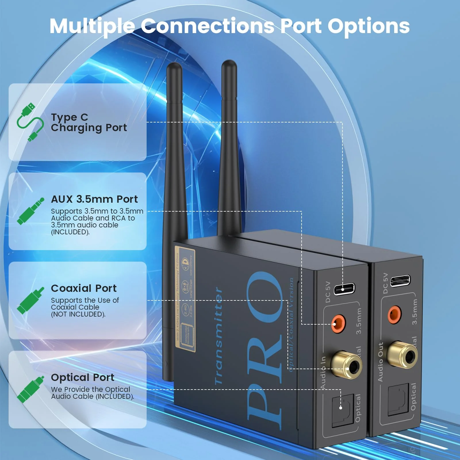 1Mii 2.4GHz Wireless Audio Transmitter and Receiver,192KHz/24bits HiFi Audio, 20ms Low Latency,328ft Long Range Wireless Subwoofer Kit for Speaker/Stereo/Soundbar,Optical/Coaxial/3.5mm(RCA) Ports. - Image 2