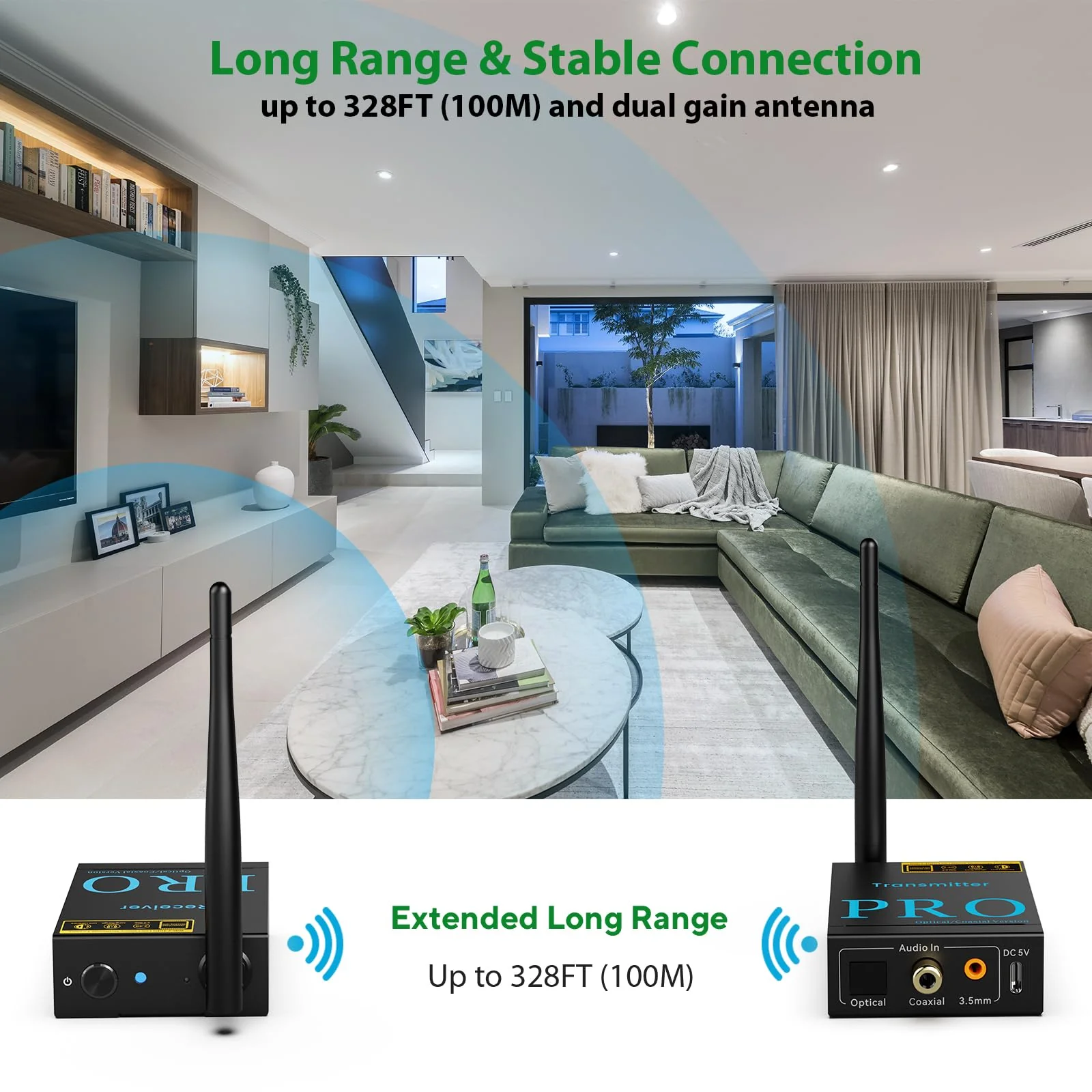1Mii 2.4GHz Wireless Audio Transmitter and Receiver,192KHz/24bits HiFi Audio, 20ms Low Latency,328ft Long Range Wireless Subwoofer Kit for Speaker/Stereo/Soundbar,Optical/Coaxial/3.5mm(RCA) Ports. - Image 4
