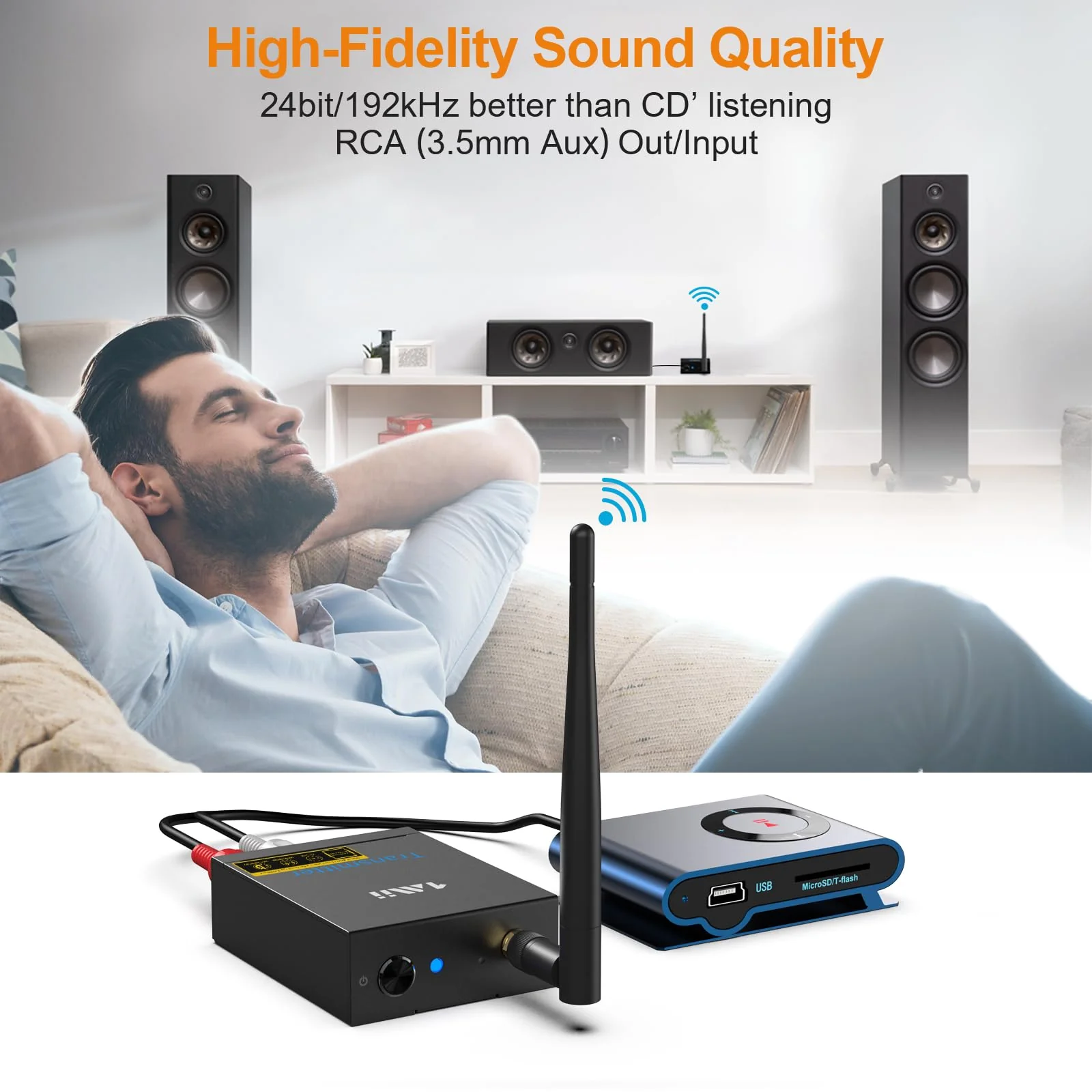 1Mii 2.4Ghz Wireless Audio Transmitter Receiver for TV, 320ft Long Range 20ms Low Delay 192kHz/24bit HiFi Audio, Wireless Adapter Kit for Subwoofer/Powered Speaker/Stereo/Soundbar, RCA(3.5mm)Out/input 2 in 1 - Image 5