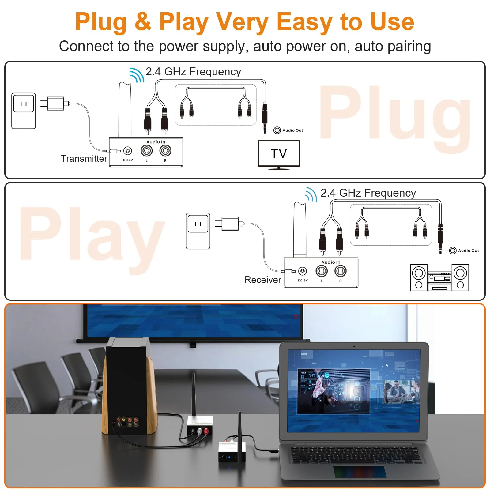 1Mii 2.4Ghz Wireless Audio Transmitter Receiver for TV, 320ft Long Range 20ms Low Delay 192kHz/24bit HiFi Audio, Wireless Adapter Kit for Subwoofer/Powered Speaker/Stereo/Soundbar, RCA(3.5mm)Out/input 2 in 1 - Image 6