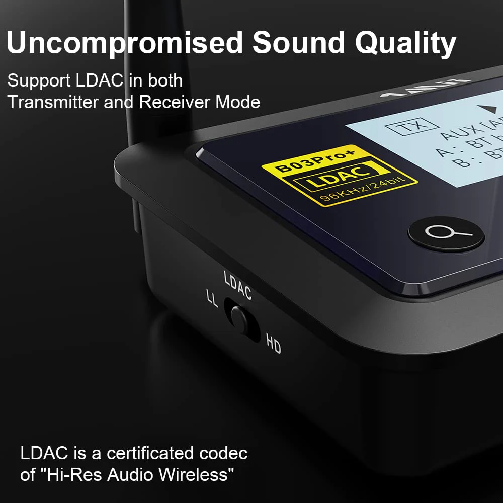 1Mii B03Pro+ Bluetooth 5.3 Transmitter Receiver Certified LDAC for TV Home Stereo, Long Range Bluetooth Extender Wireless Audio Adapter with Screen, Optical RCA AUX 3.5mm Outputs/Inputs B03Pro+ - Image 2