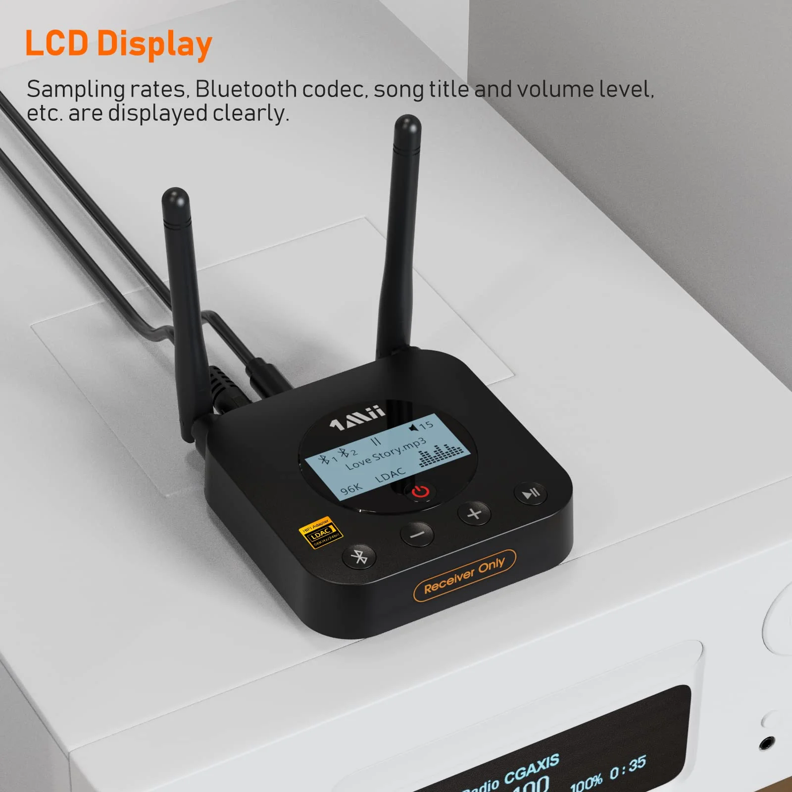 1Mii B06Pro+ Bluetooth Receiver, HiFi Bluetooth 5.1 Wireless Audio Adapter w/ LDAC, Long Range Bluetooth Receiver aptX HD & Low Latency aptX Adaptive Volume Control LCD Display for Home Stereo System - Image 4