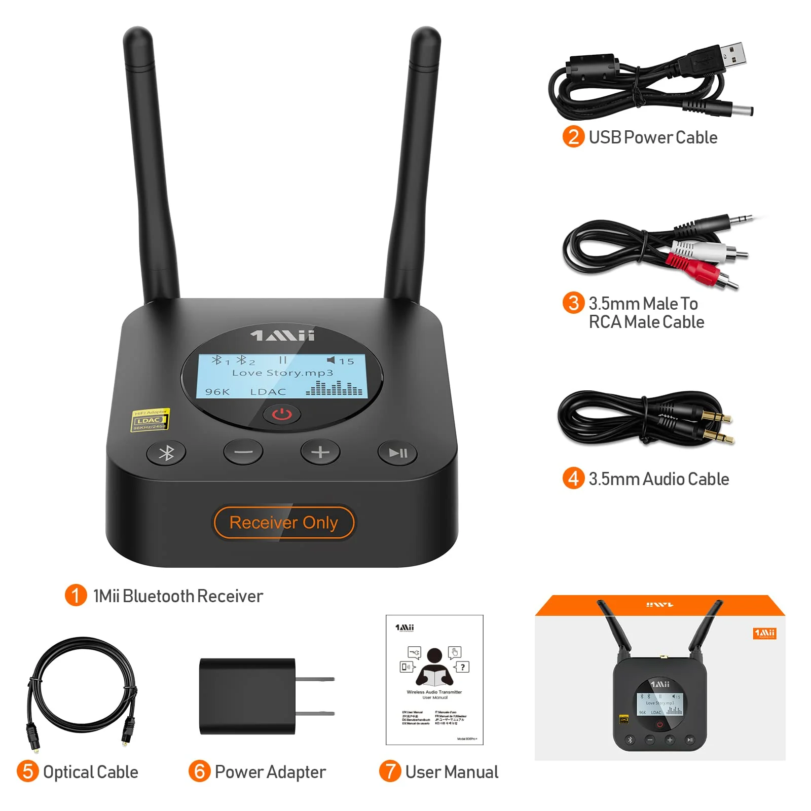 1Mii B06Pro+ Bluetooth Receiver, HiFi Bluetooth 5.1 Wireless Audio Adapter w/ LDAC, Long Range Bluetooth Receiver aptX HD & Low Latency aptX Adaptive Volume Control LCD Display for Home Stereo System - Image 6