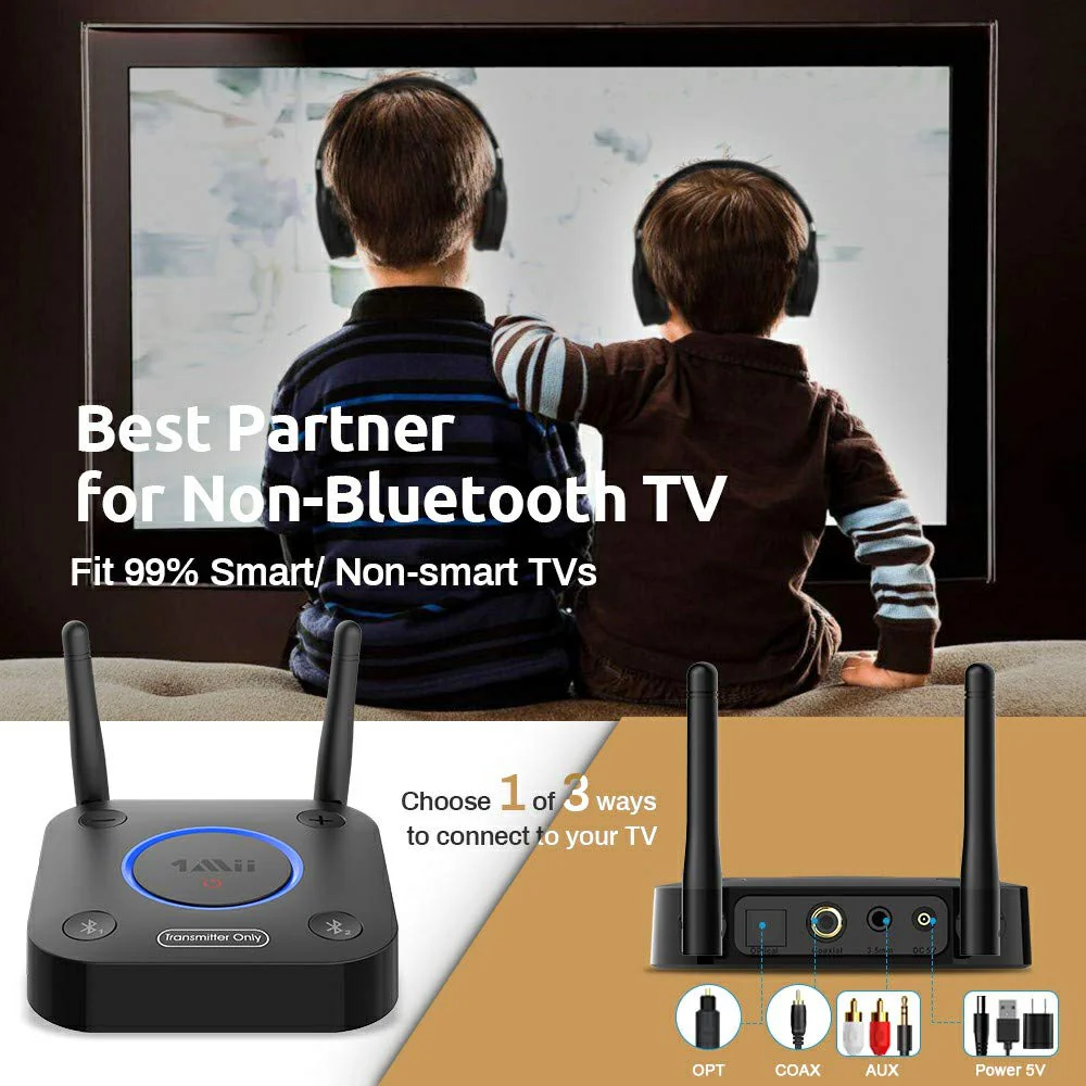 1Mii B06TX Bluetooth 5.0 Transmitter for TV to Wireless Headphone/Speaker, Bluetooth Adapter for TV w/Volume Control, AUX/RCA/Optical/Coaxial Audio Input, Plug n Play, AptX Low Latency Black - Image 2