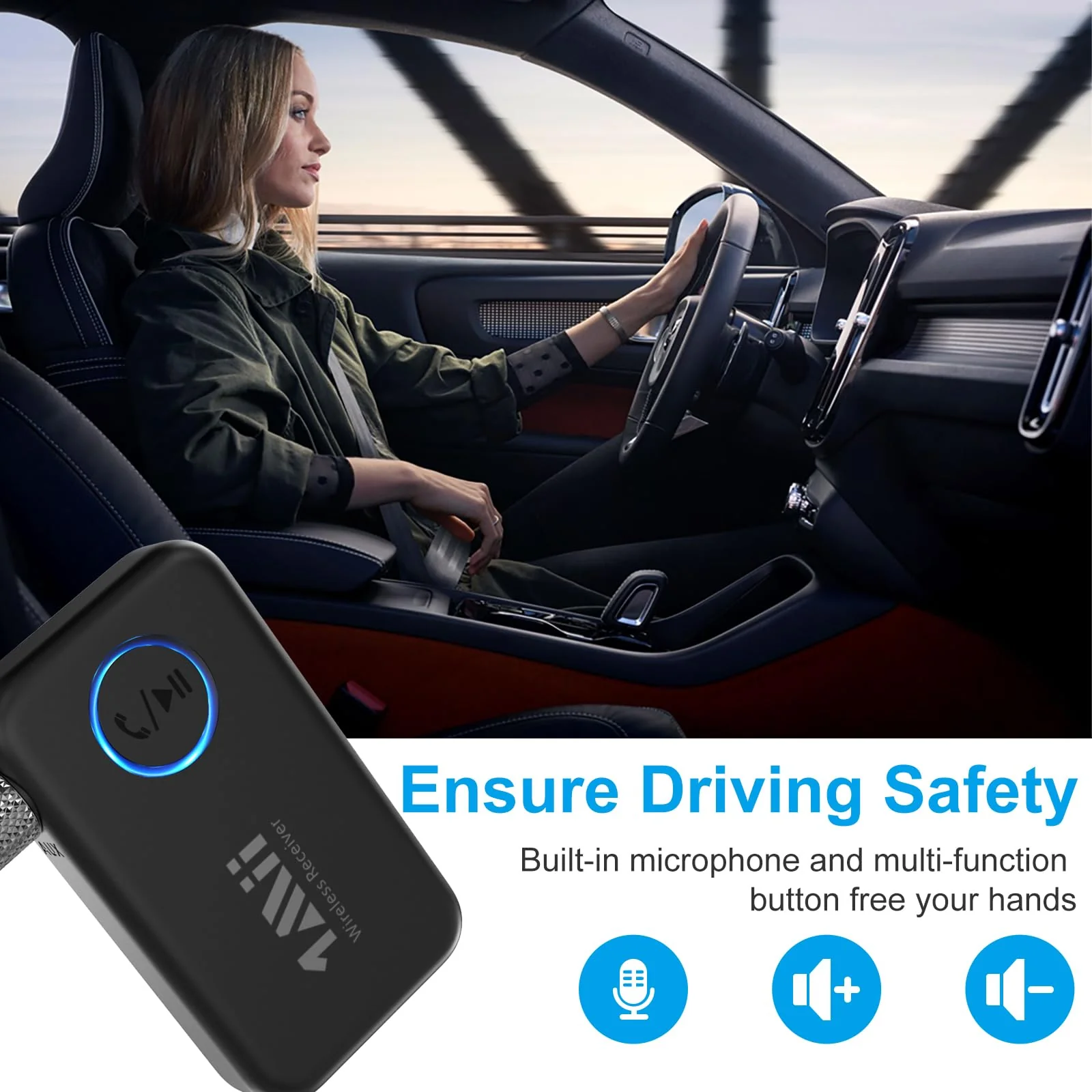 1Mii Bluetooth 5.3 Music Receiver for Car/Home Stereo, Aux Bluetooth Adapter for Car with Volume Control Supports Hands Free Calls, 16H Battery Life - Image 3