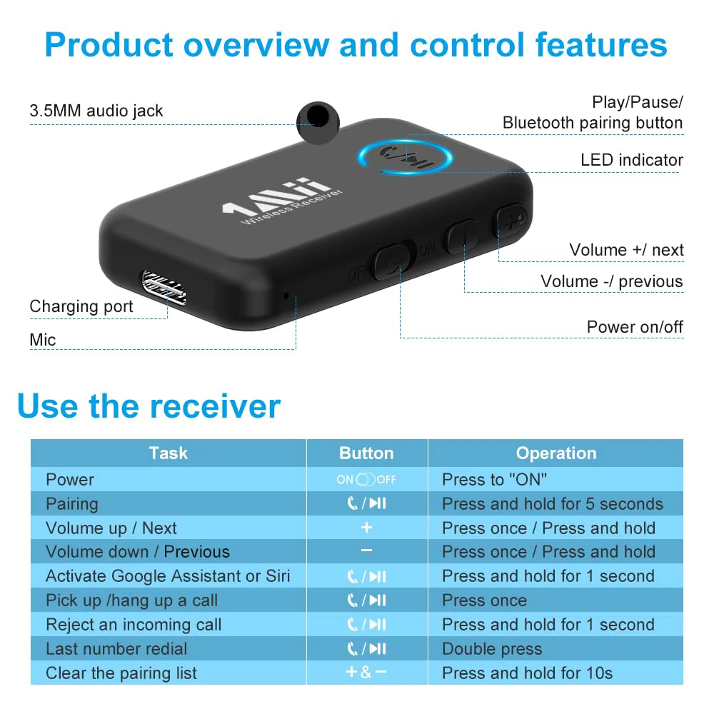 1Mii Bluetooth 5.3 Music Receiver for Car/Home Stereo, Aux Bluetooth Adapter for Car with Volume Control Supports Hands Free Calls, 16H Battery Life - Image 7