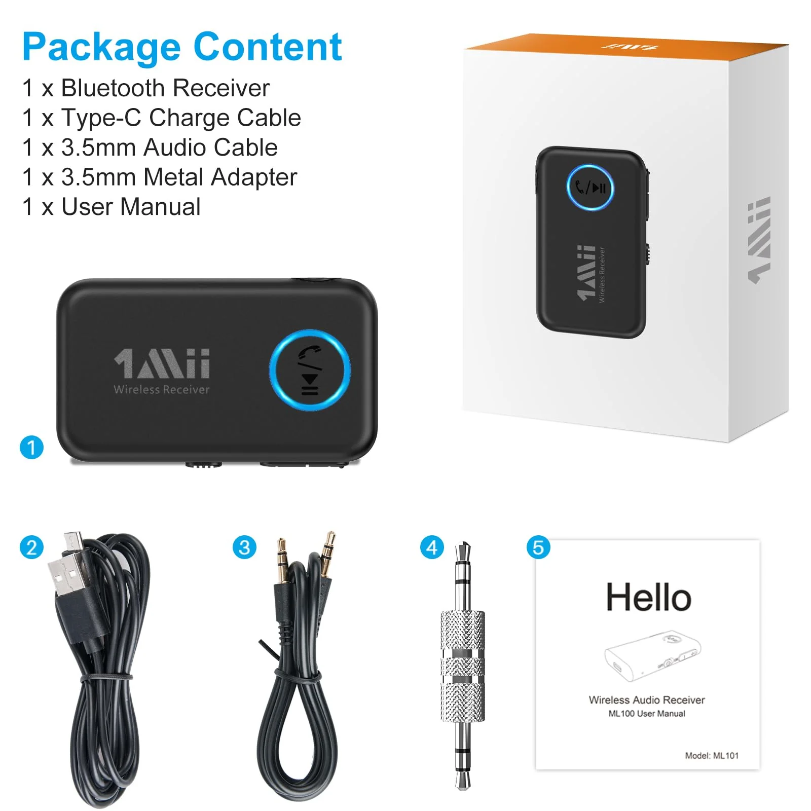 1Mii Bluetooth 5.3 Music Receiver for Car/Home Stereo, Aux Bluetooth Adapter for Car with Volume Control Supports Hands Free Calls, 16H Battery Life - Image 8
