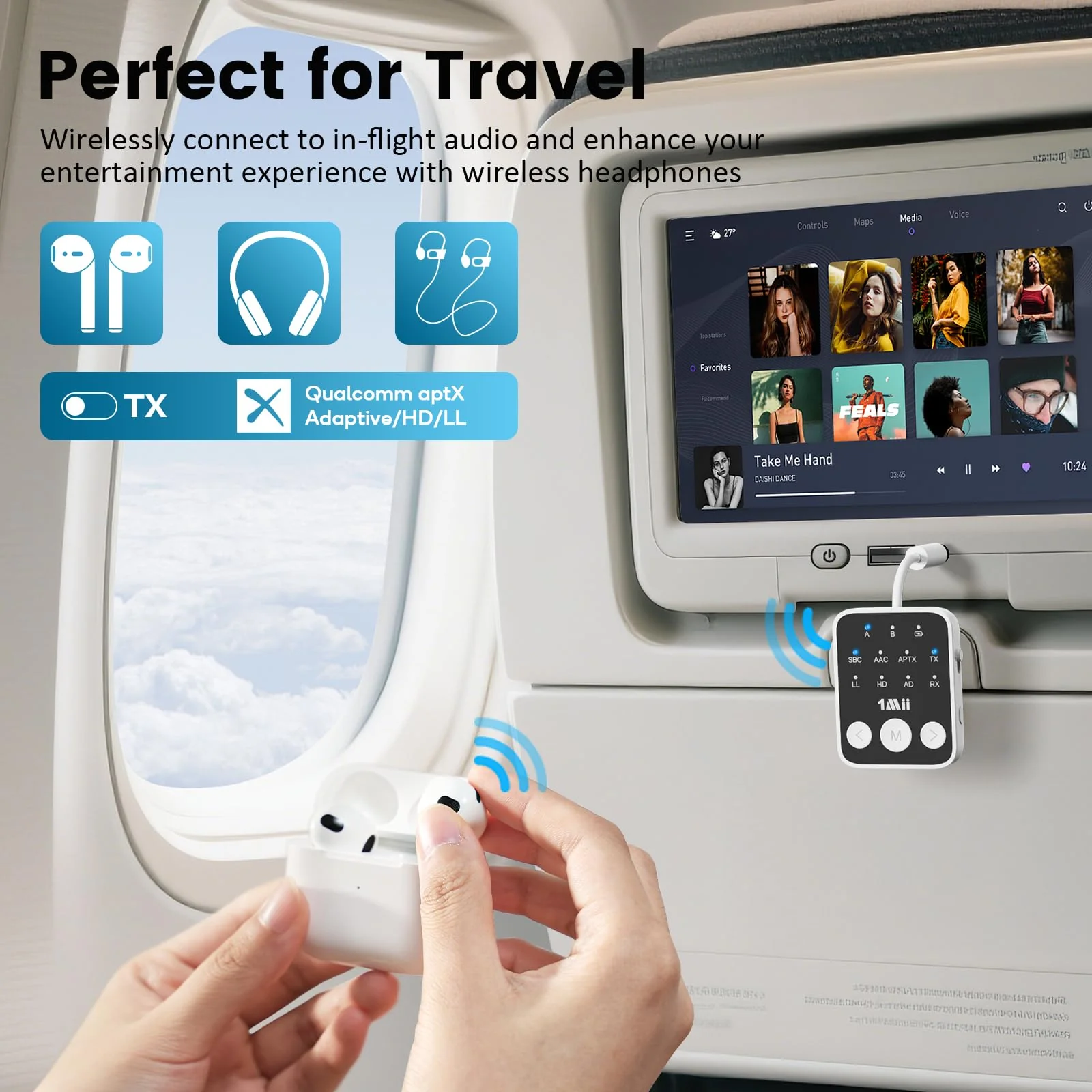 1Mii Bluetooth 5.3 Transmitter Receiver 2-in-1, aptX Adaptive & Low Latency Wireless Audio Adapter for Airplane, Dual Link 2 Devices, 25H Playtime, 3.5mm AUX for TV/Car/Home Stereo/Gym -White - Image 3