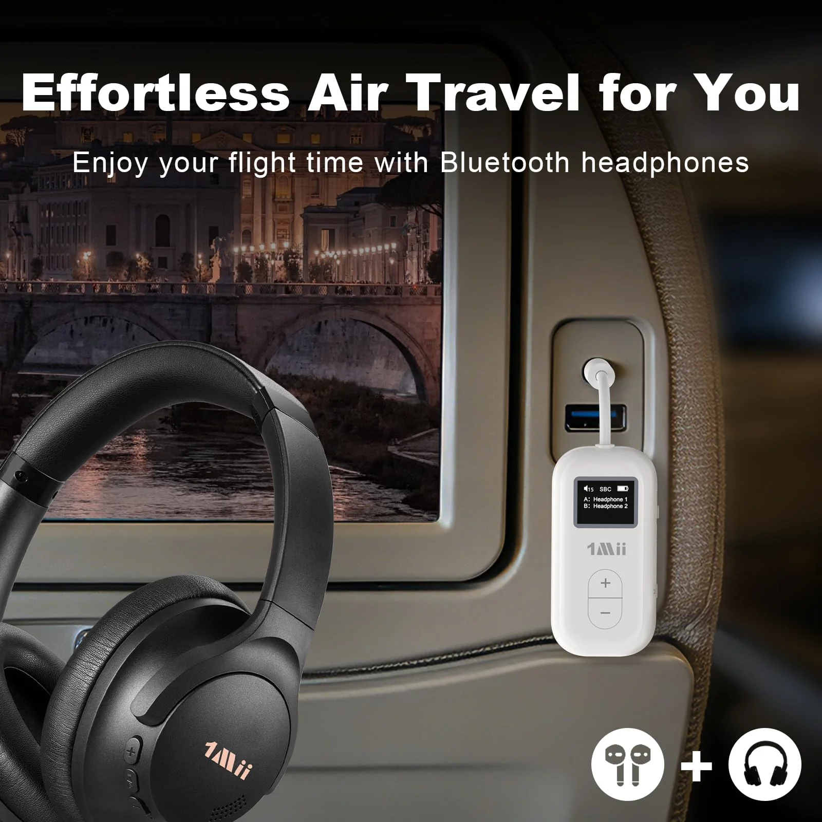 1Mii SafeFly Dual | Airplane Bluetooth Adapter for AirPods or Headphones, Bluetooth Transmitter with Screen, Volume Control, aptX Adaptive & HD, 3.5mm Aux Audio Jack for Airplane, Travel Flight - Image 2