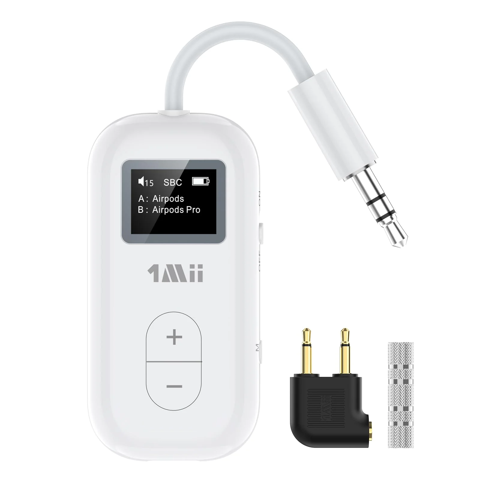 1Mii SafeFly Dual | Bluetooth 5.3 Adapter Bluetooth Transmitter w/Screen for Wireless Headphones, Wireless Audio Transmitter Use with 3.5 mm Audio Jack on Airplanes/Gym/TVs-Transmitter Only
