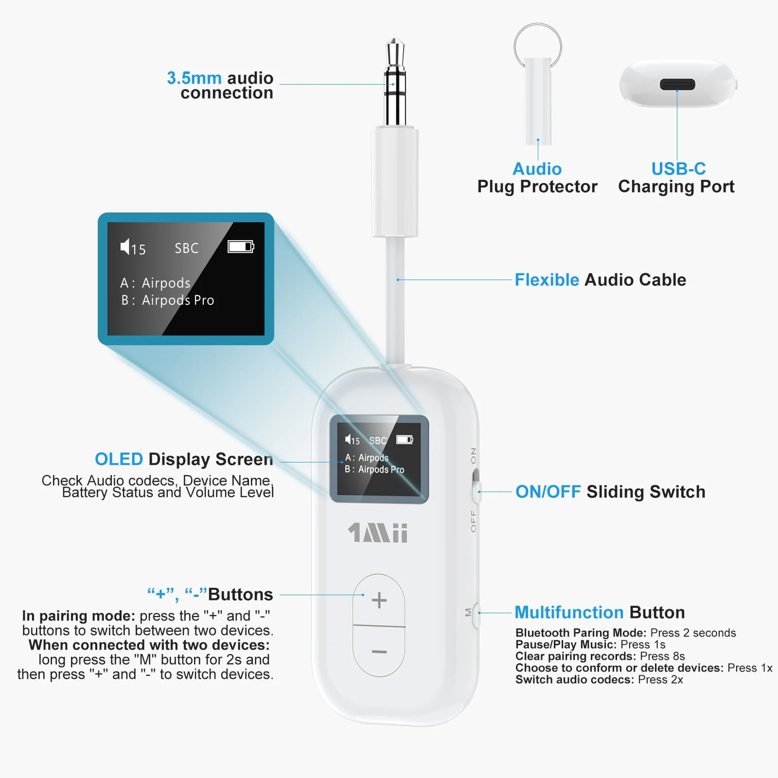 1Mii SafeFly Dual | Bluetooth 5.3 Adapter Bluetooth Transmitter w/Screen for Wireless Headphones, Wireless Audio Transmitter Use with 3.5 mm Audio Jack on Airplanes/Gym/TVs-Transmitter Only - Image 7