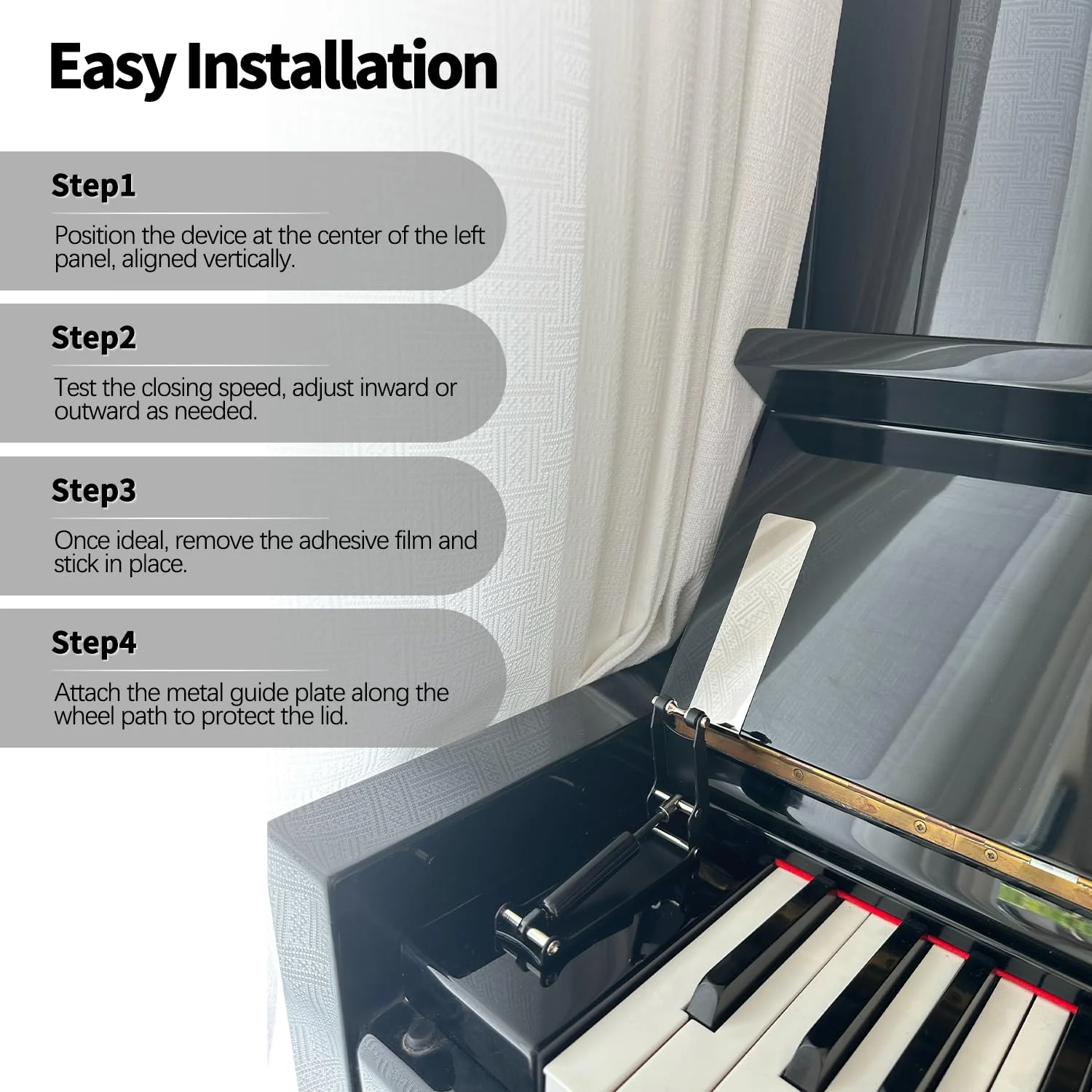 1pcs Piano Slow Close Device – Hydraulic Fallboard Decelerator for Upright Pianos Key Cover Soft Close Lid Protector with Dual Silent Wheels, Anti-Pinch, Durable Aluminum Alloy - Image 5