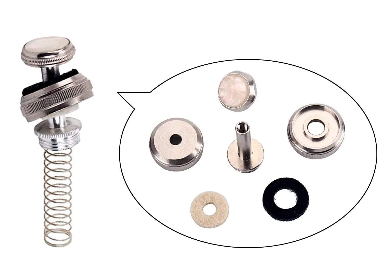 1Set Trumpet Repair Kit Trumpet Valve Finger Buttons Connecting Rods Valve Caps Piston Guides Spring Felt Washer Water Key Spit Valve Replacement 40Pcs, Silver - Image 2