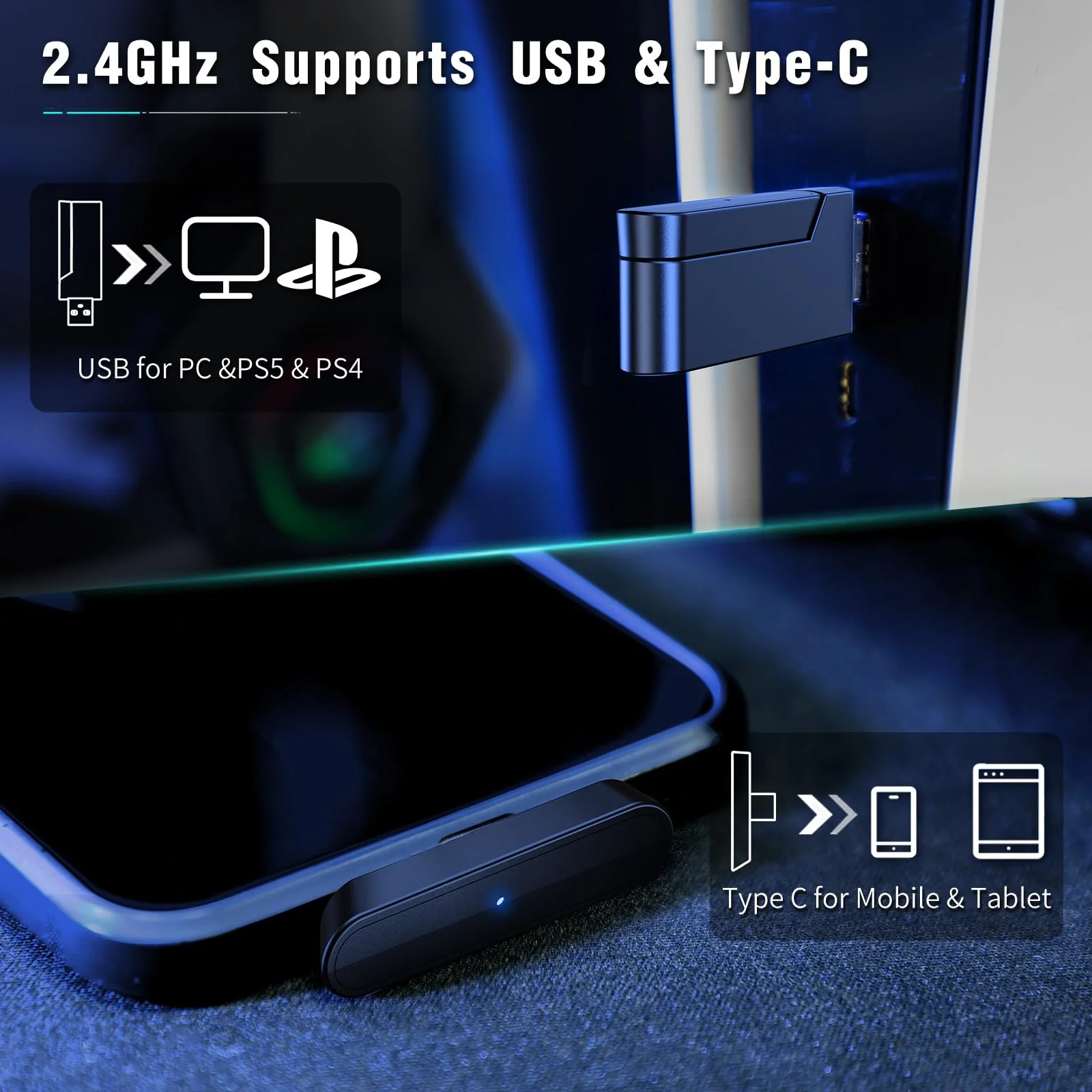 2.4GHz Wireless Gaming Headset with Microphone, 2.4G USB & Type C Transmitter - 30h Battery Life - RGB Lighting Gaming Headphones for PS5, PS4, PC, Phone Black - Image 3