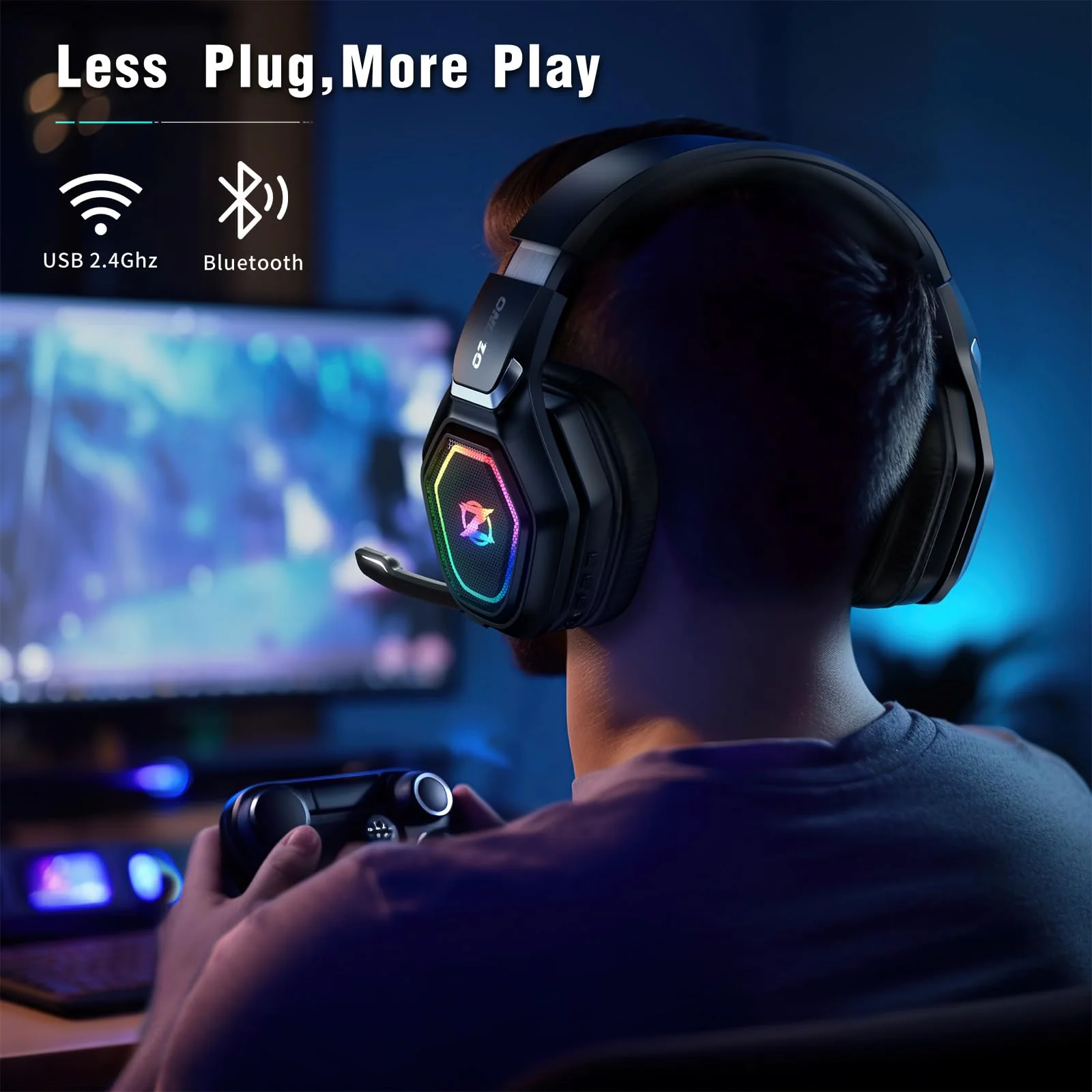 2.4GHz Wireless Gaming Headset with Microphone, 2.4G USB & Type C Transmitter - 30h Battery Life - RGB Lighting Gaming Headphones for PS5, PS4, PC, Phone Black - Image 6