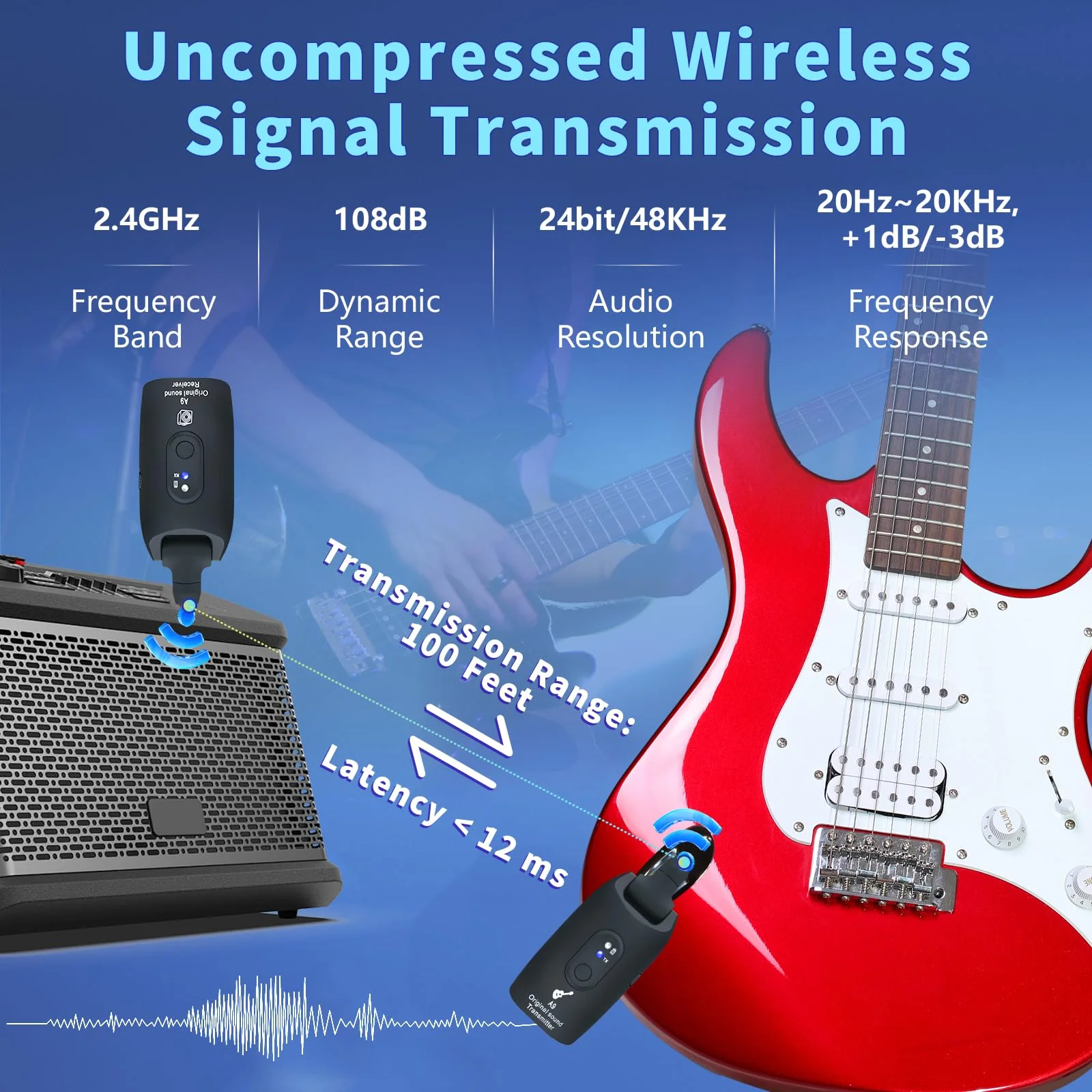 2.4GHz Wireless Guitar System Rechargeable Audio Wireless Transmitter Receiver for Guitar Bass Electric Instruments,Over 30m/100 Feet Transmission,270°Rotatable,4hours Woring Time（A9 Black） - Image 2