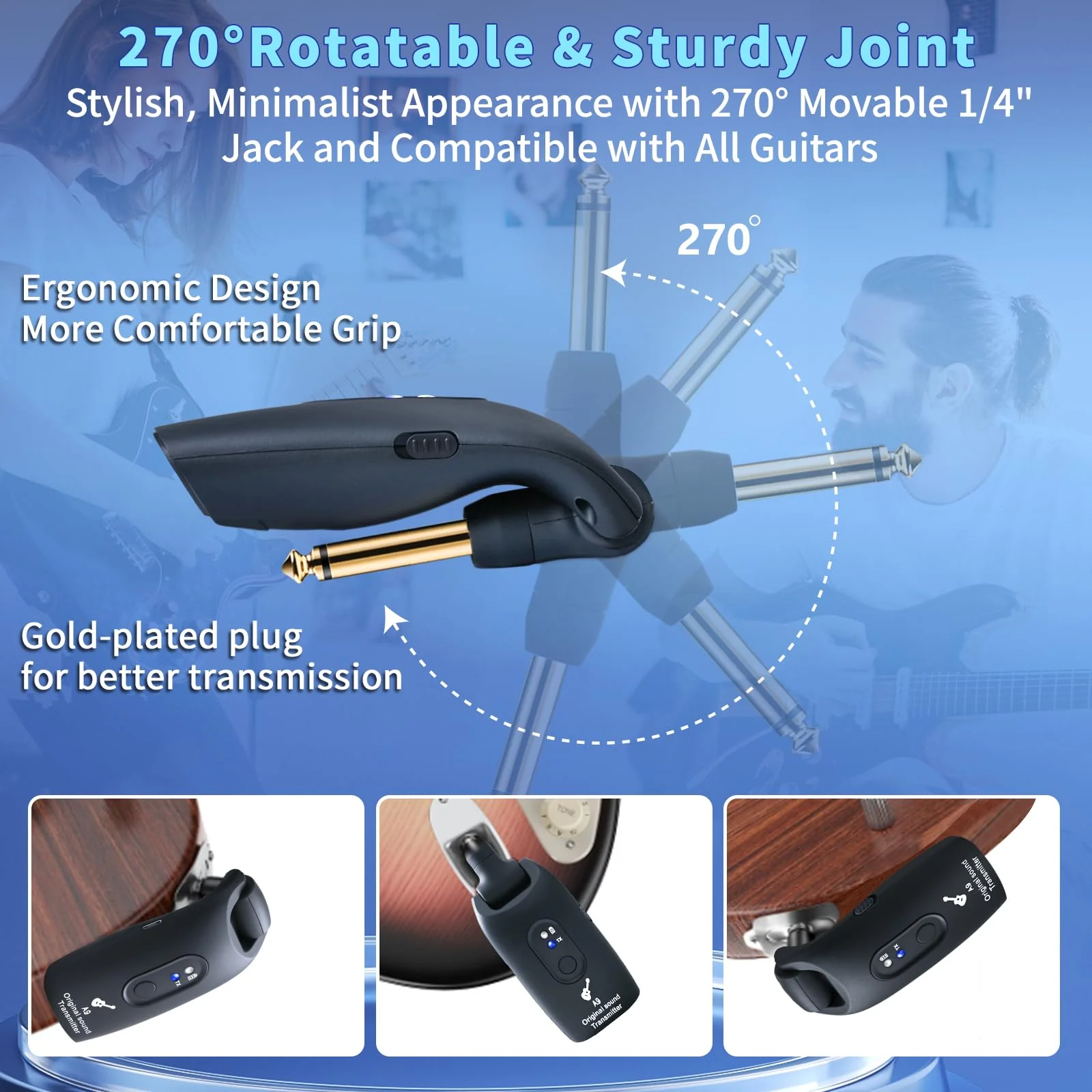 2.4GHz Wireless Guitar System Rechargeable Audio Wireless Transmitter Receiver for Guitar Bass Electric Instruments,Over 30m/100 Feet Transmission,270°Rotatable,4hours Woring Time（A9 Black） - Image 4