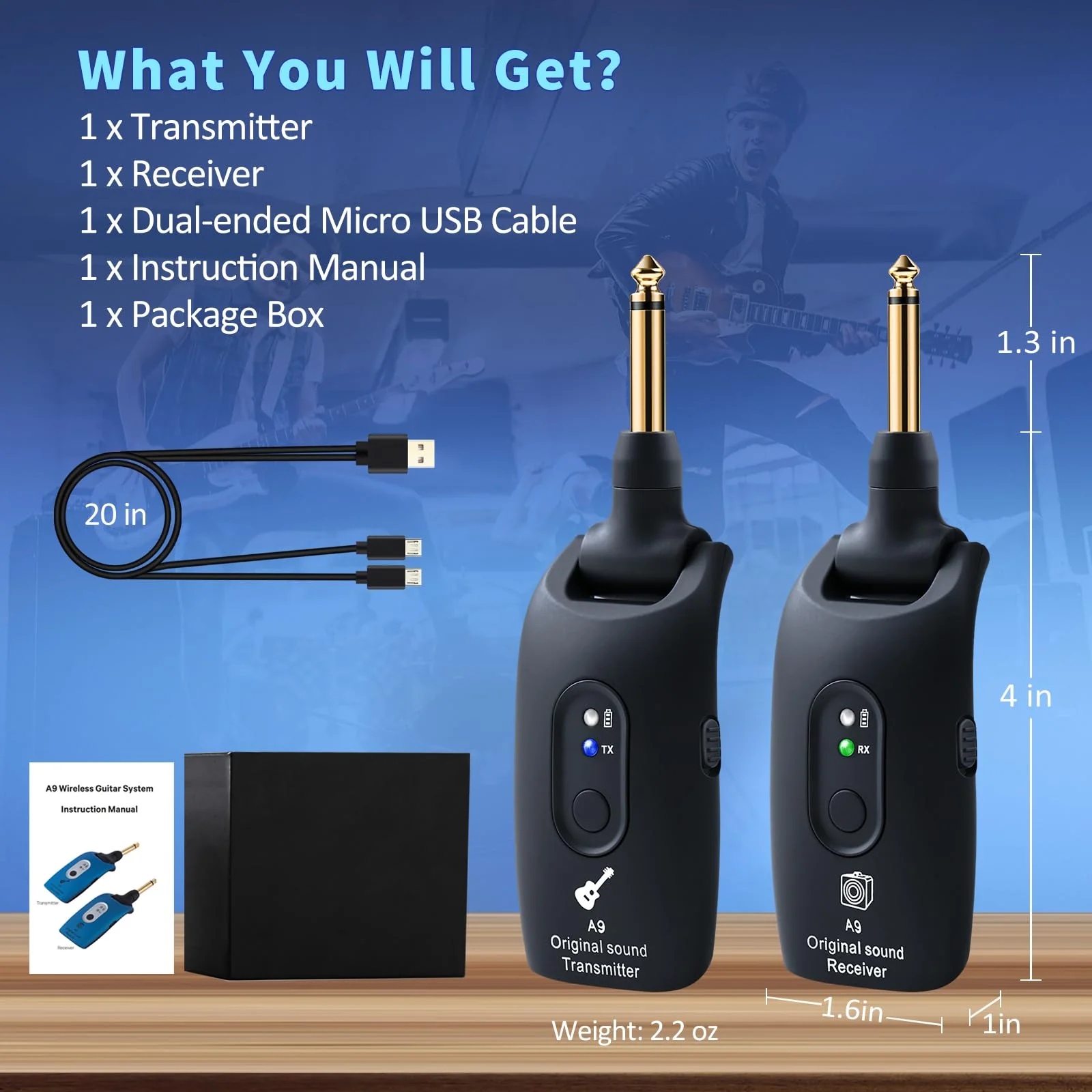 2.4GHz Wireless Guitar System Rechargeable Audio Wireless Transmitter Receiver for Guitar Bass Electric Instruments,Over 30m/100 Feet Transmission,270°Rotatable,4hours Woring Time（A9 Black） - Image 8