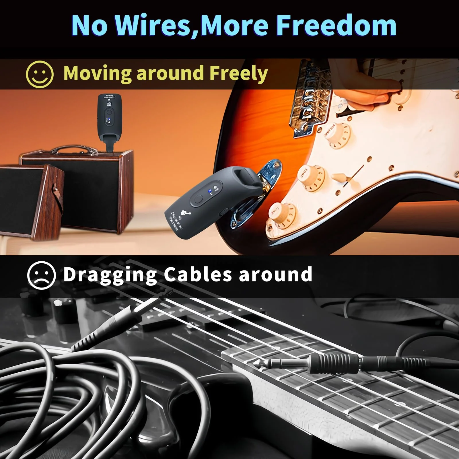 2.4GHz Wireless Guitar System Rechargeable Audio Wireless Transmitter Receiver for Guitar Bass Electric Instruments,Over 30m/100 Feet Transmission,270°Rotatable,4hours Woring Time（A9 Black） - Image 9