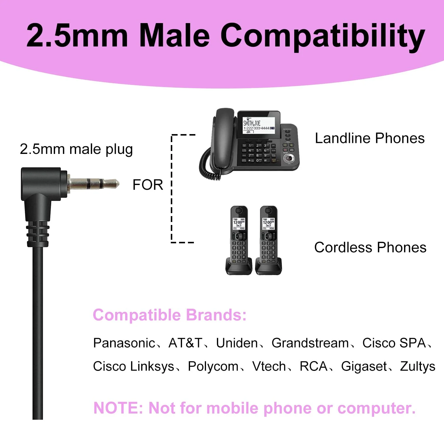 2.5mm Male to 3.5mm Female Adapter, 3.9inch Headphone Audio Cable 90 Degree Right Angle Connector Cord for Headset Earphone to Telephone and Cordless Phones with 2.5mm Headset Jack - Image 2