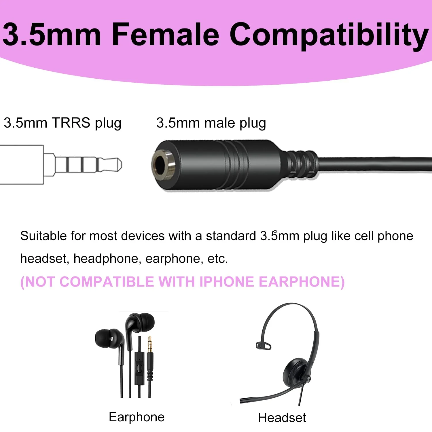 2.5mm Male to 3.5mm Female Adapter, 3.9inch Headphone Audio Cable 90 Degree Right Angle Connector Cord for Headset Earphone to Telephone and Cordless Phones with 2.5mm Headset Jack - Image 3