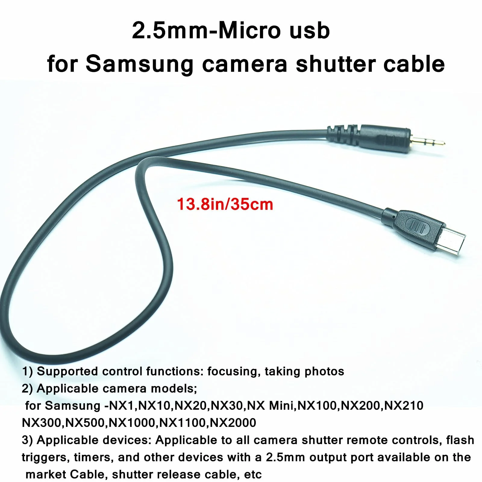 2.5mm-Micro USB Camera Remote Shutter Release Cable Wire for Samsung Accessories Nx1000/Nx2000/Nx300 Used for Connecting Wireless Remote Controls Flash Triggers and Shutter Controllers (SR2NX2) 2.5mm-Micro cable - Image 2