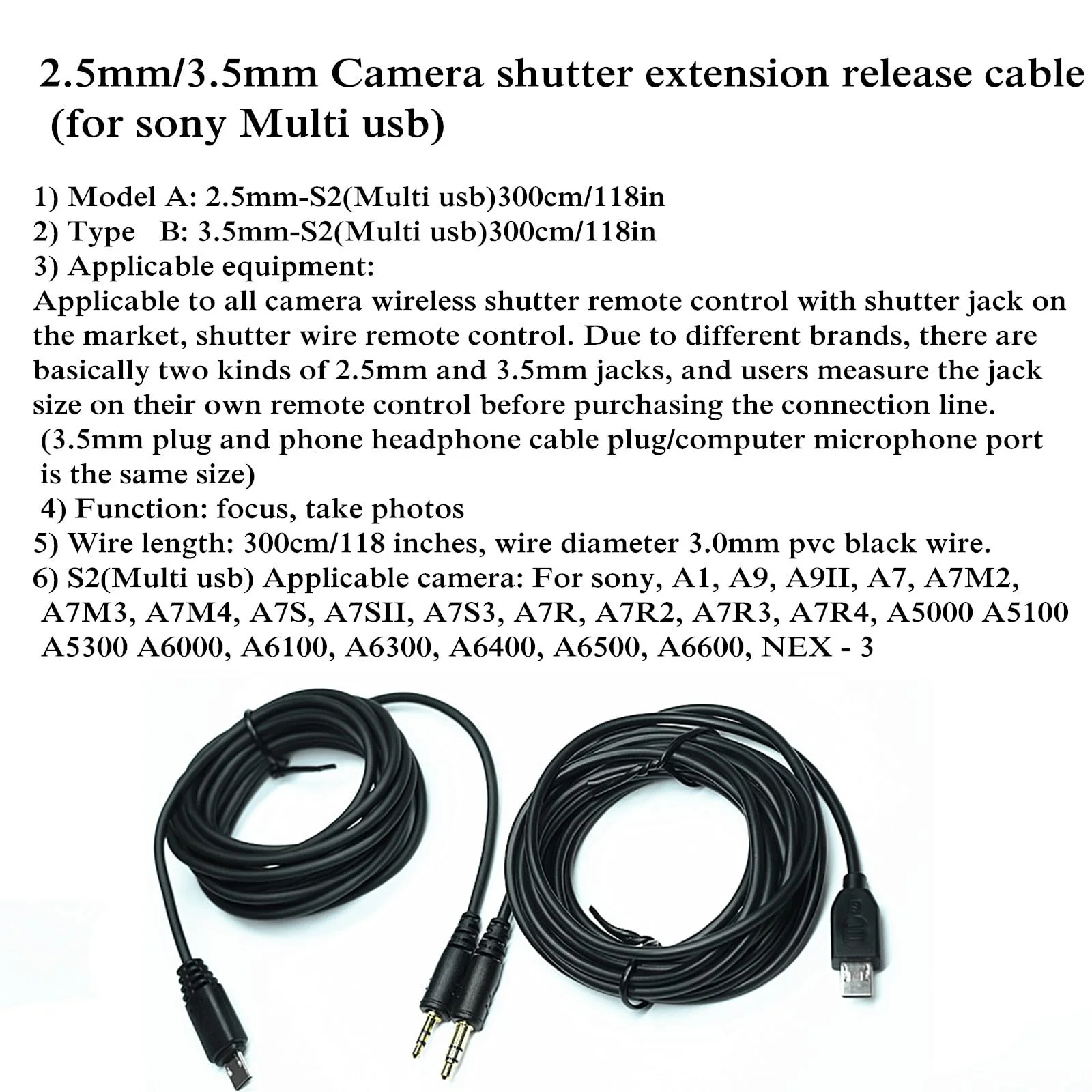 2.5mm-S2 300cm/ 118-inch Extension Cable Shutter Release Connection Cable (Multi USB) for Sony Cameras to Connect The Shutter Remote Control Wireless Timer (2.5mm-S2 118in/3m) 2.5mm-S2 118in/3m - Image 6