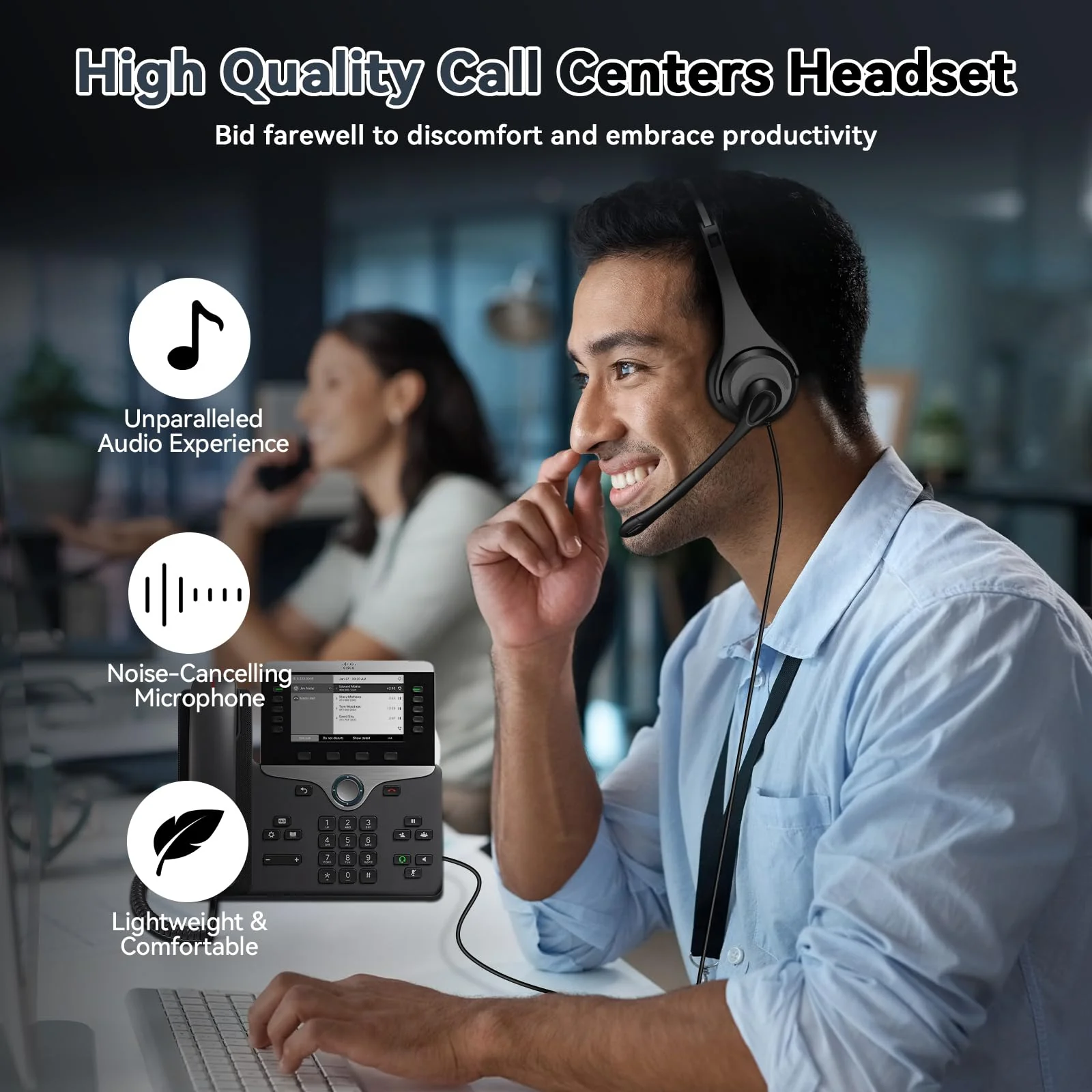 2.5mm Telephone Headset with Noise Canceling Mic & Volume Controls, Office Phone Headset for Call Center Compatible with Panasonic VTech AT&T Uniden RCA Cisco Gigaset etc Cordless Landline Phones Black-Binaural - Image 3